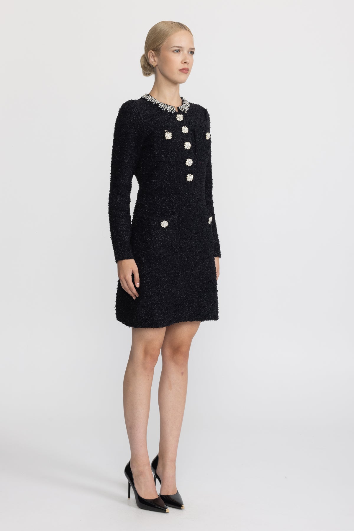 Crystal Embellished Bouclé Knit Mini Dress - Black