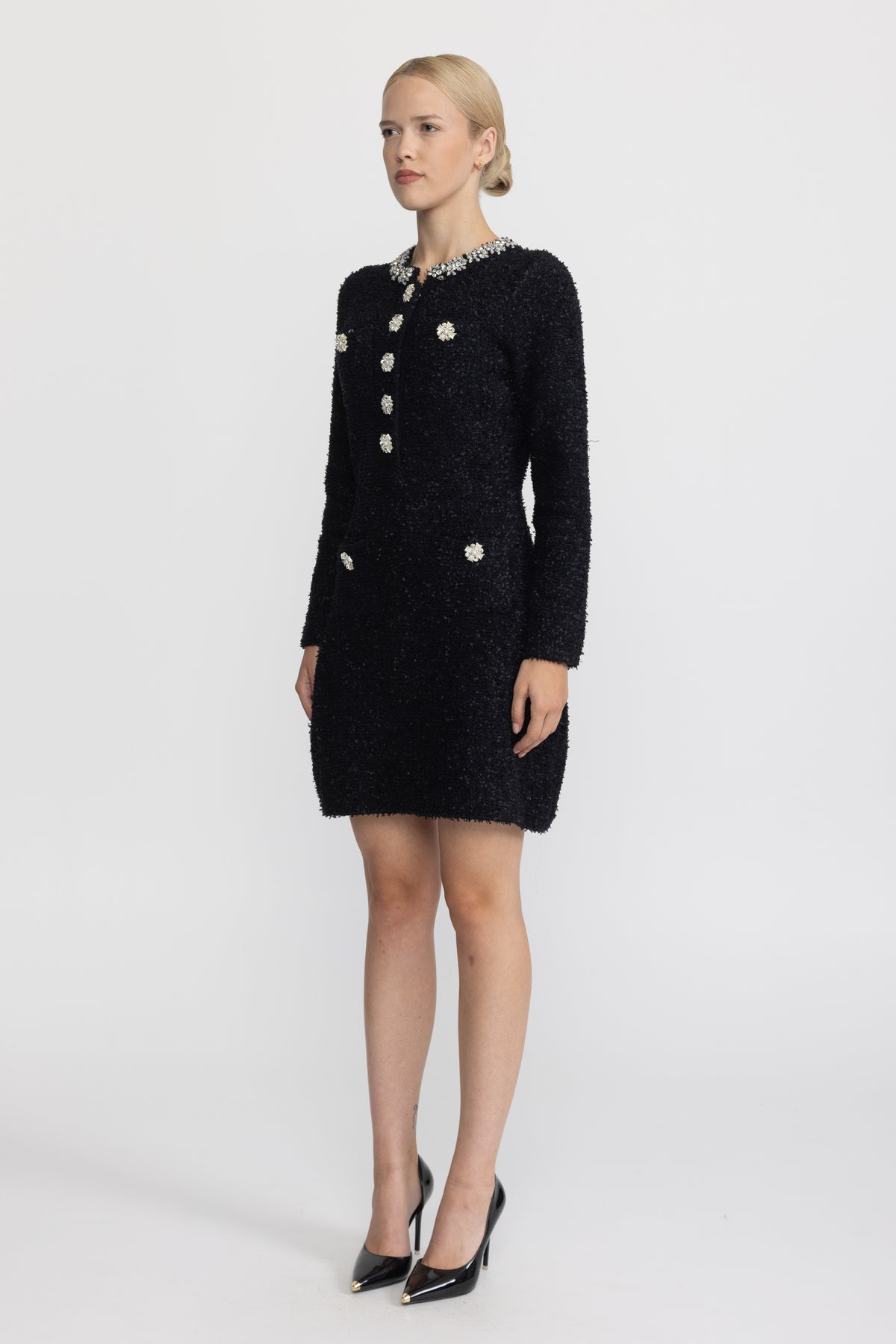 Crystal Embellished Bouclé Knit Mini Dress - Black
