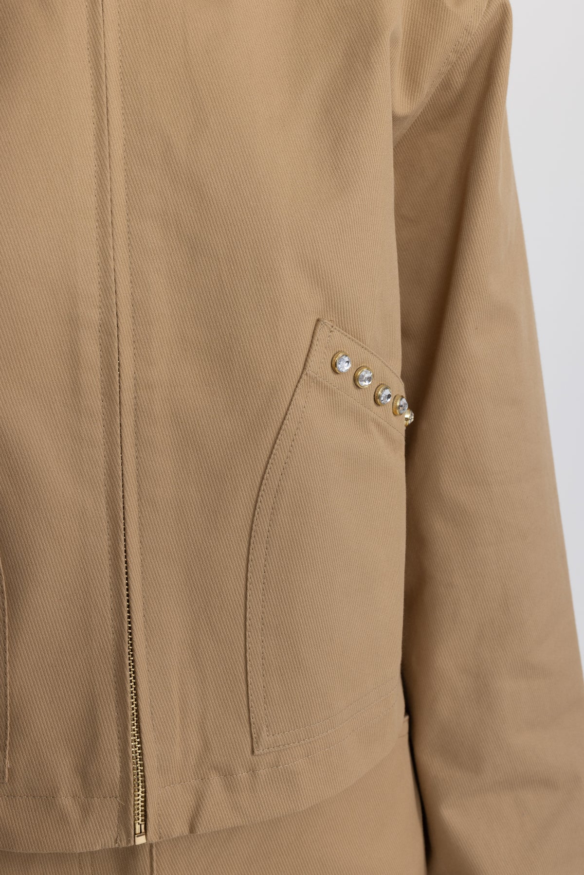 Crystal Stud Cropped Canvas Zip Jacket - Khaki