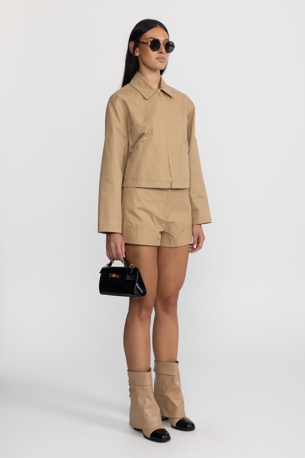 Crystal Stud Cropped Canvas Zip Jacket - Khaki