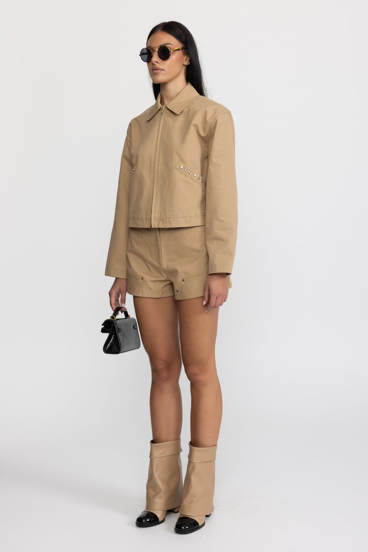 Crystal Stud Cropped Canvas Zip Jacket - Khaki