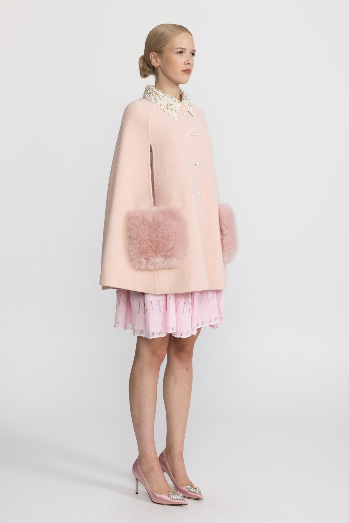 Pearl Embellished Collar Cape with Faux Fur Pockets - Pink