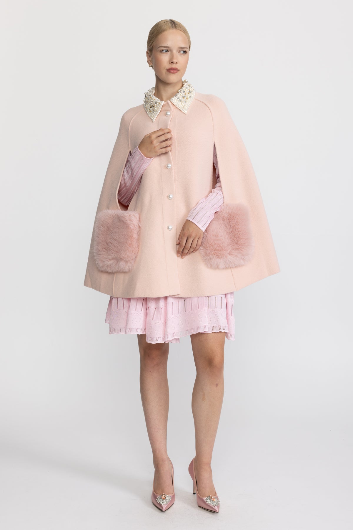 Pearl Embellished Collar Cape with Faux Fur Pockets - Pink