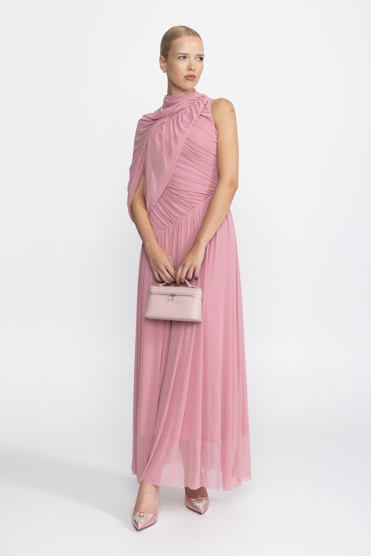 Draped Scarf Neck Mesh Maxi Dress - Pink