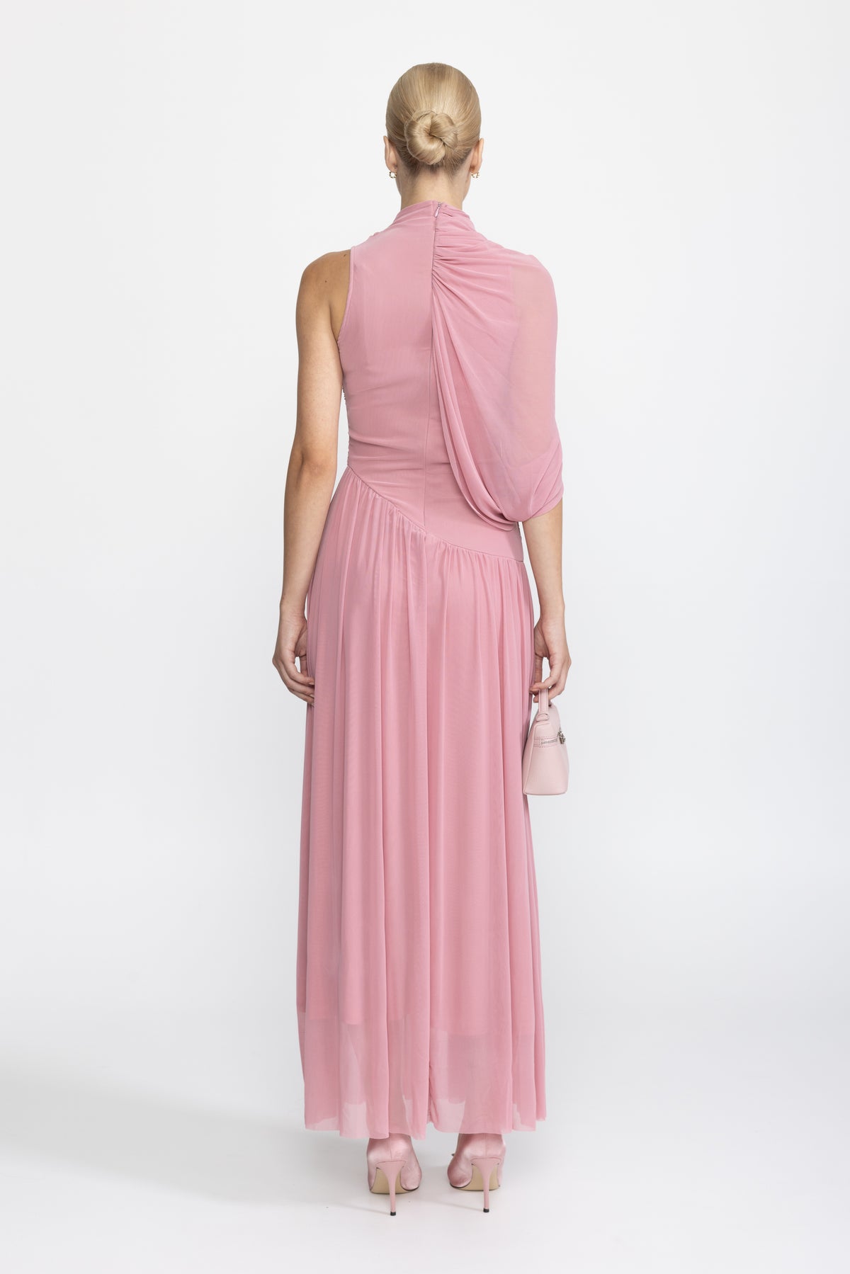 Draped Scarf Neck Mesh Maxi Dress - Pink