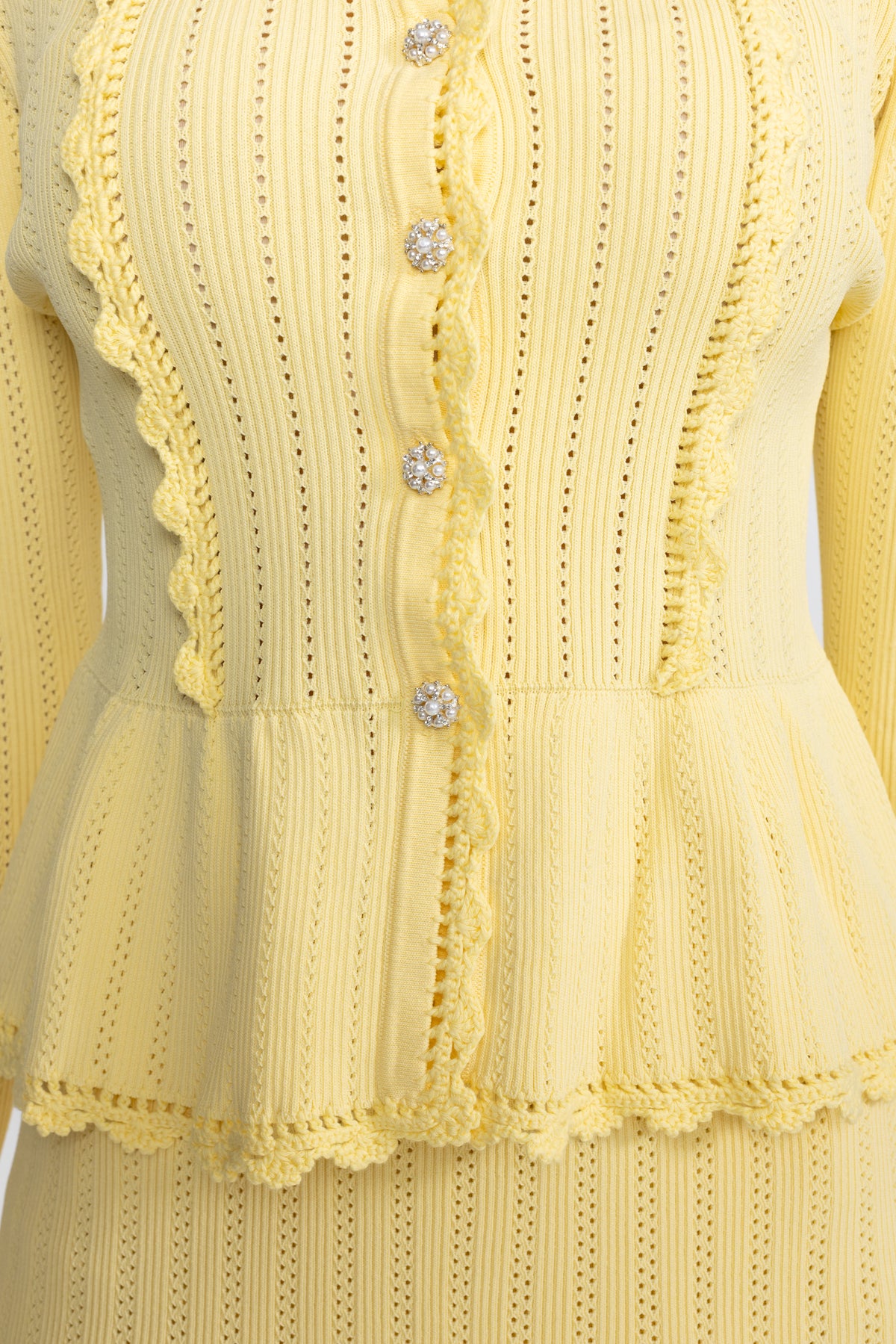 Pointelle Knit Peplum Cardigan and Lace Hem Skirt Co-ord Set - Yellow