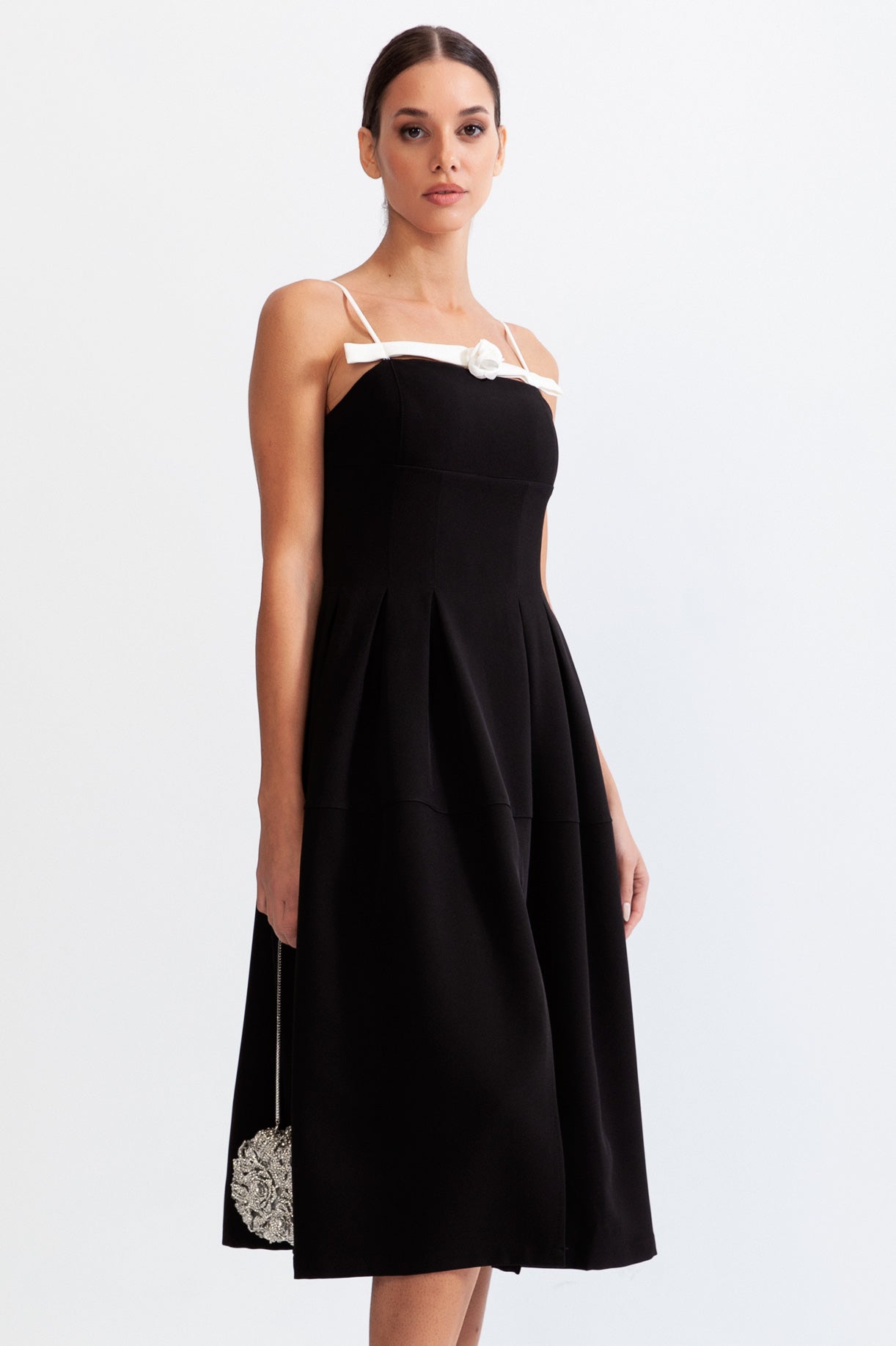 Flower Detail Mid-Calf Dress - Black