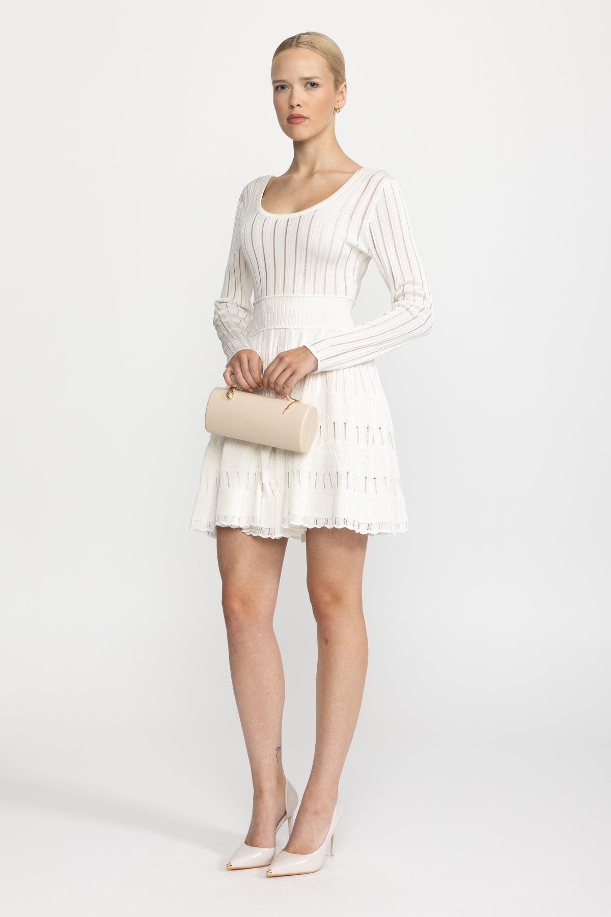 Ladder Knit Scoop Neck Skater Mini Dress - White