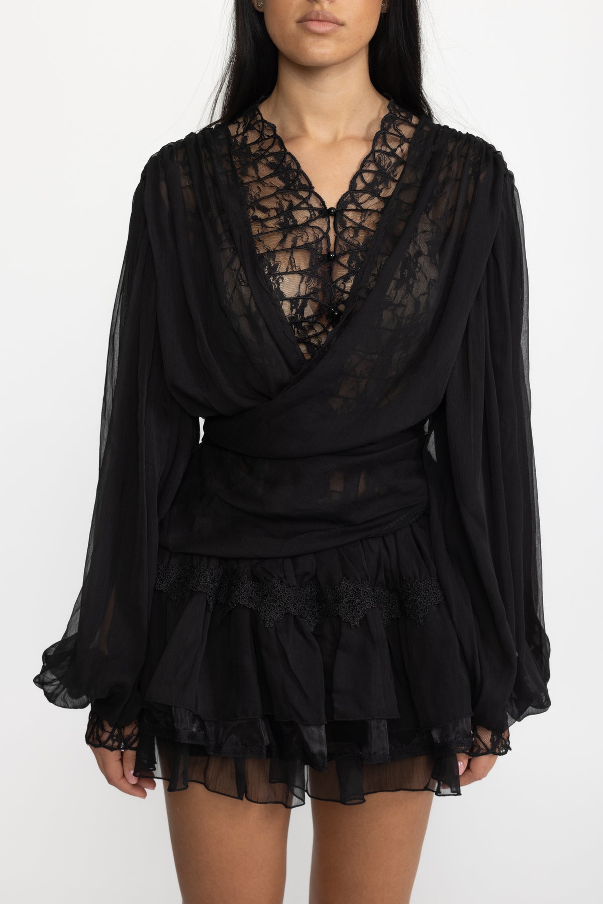 Lace Inset Chiffon Wrap Blouse and Ruffle Mini Skirt Co-ord Set - Black