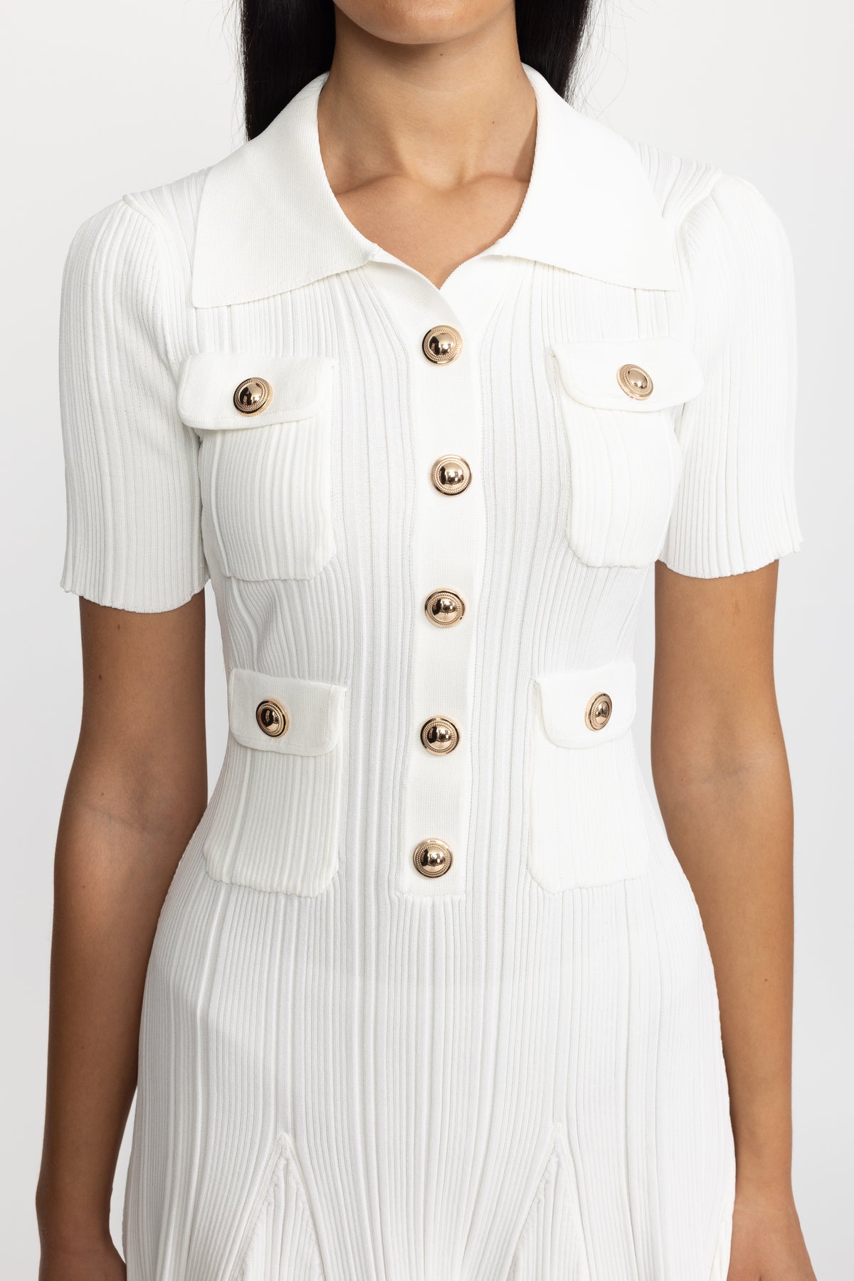 Polo Collar Rib Knit Mini Dress with Gold Buttons - White