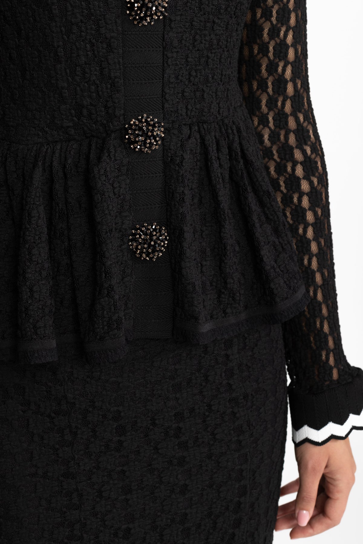 Crochet Knit Peplum Midi Dress with Ric-Rac Trim - Black