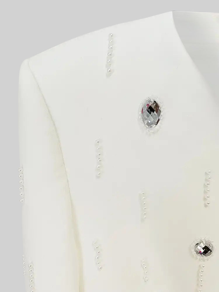 طقم مزين بالألماس مع تنورة قصيرة - أبيض 