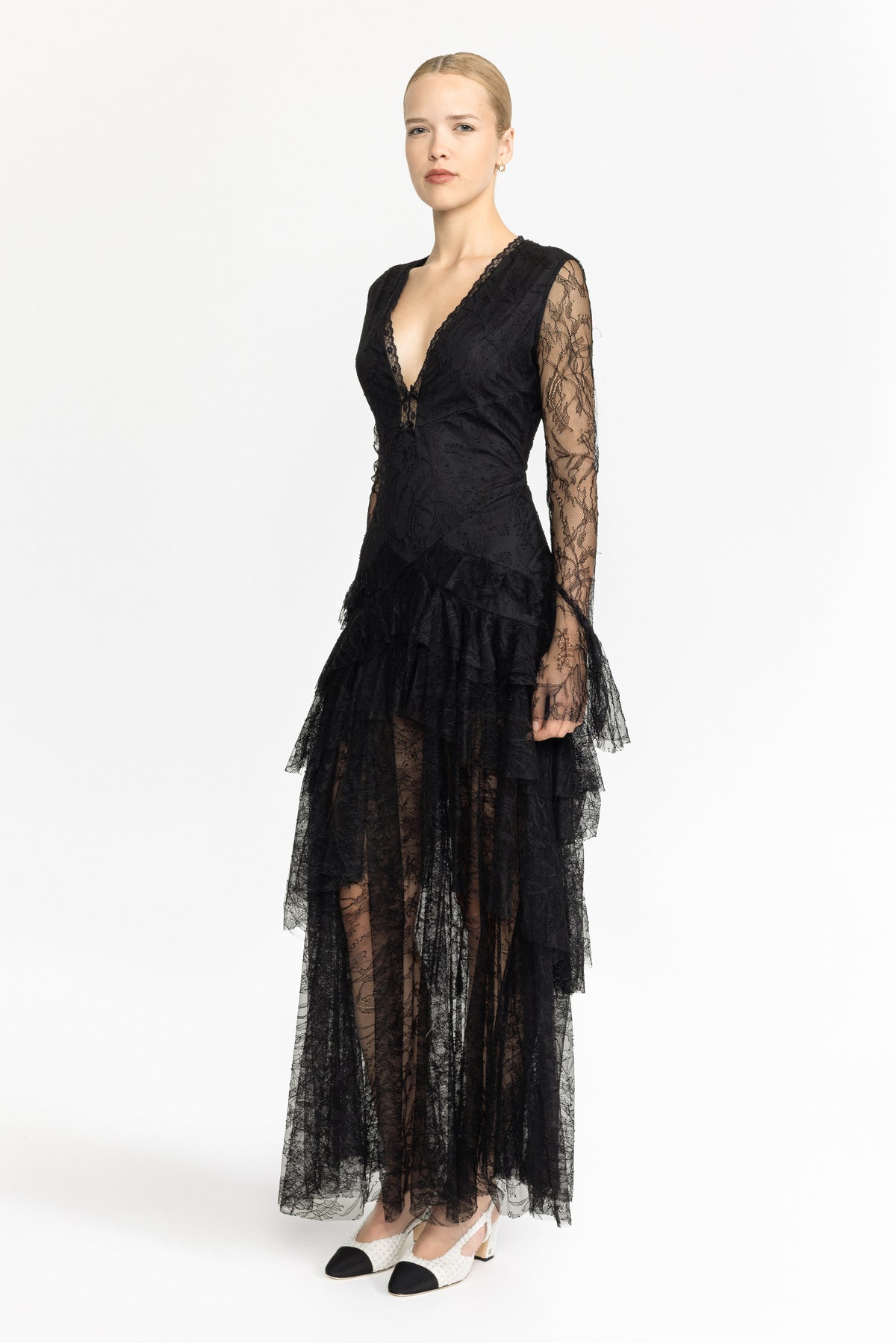 Chantilly Lace Tiered Maxi Dress - Black