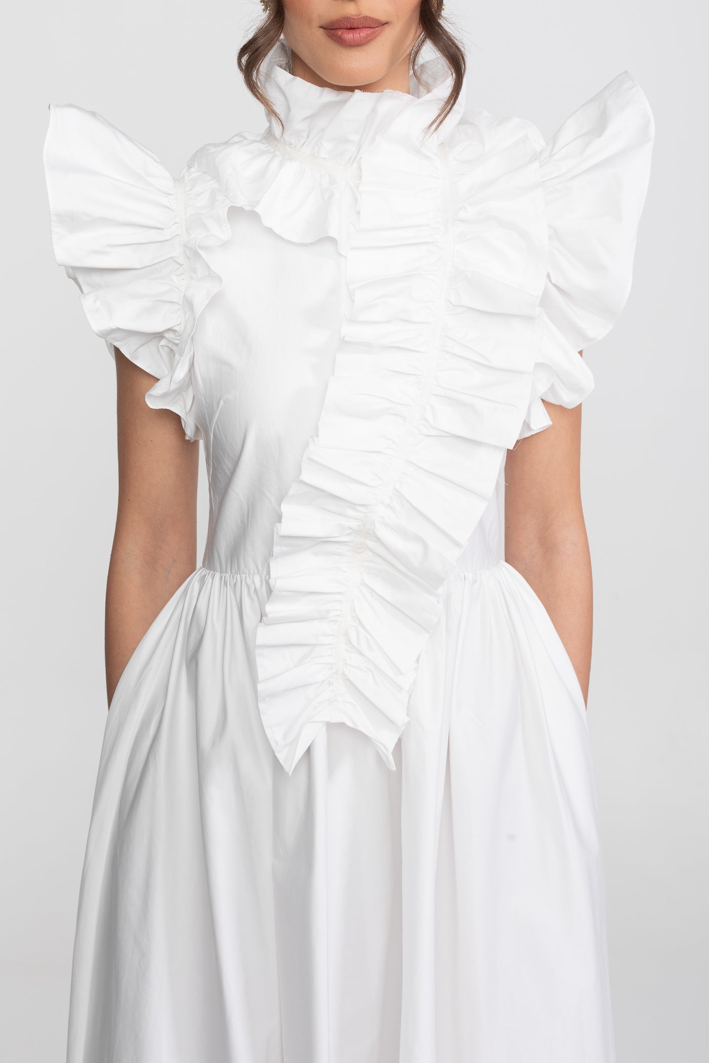 High-Neck Maxi Dress With Dramatic Ruffle Bib Front - White