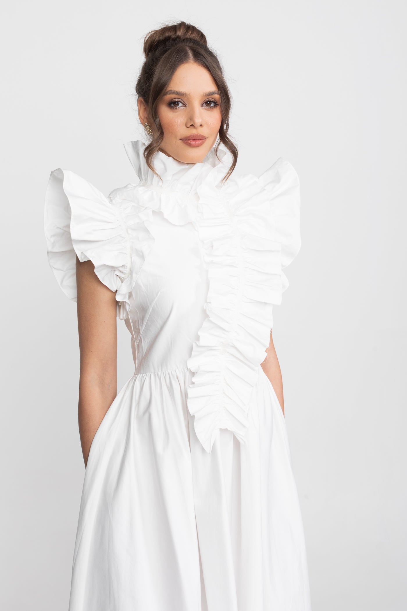 High-Neck Maxi Dress With Dramatic Ruffle Bib Front - White