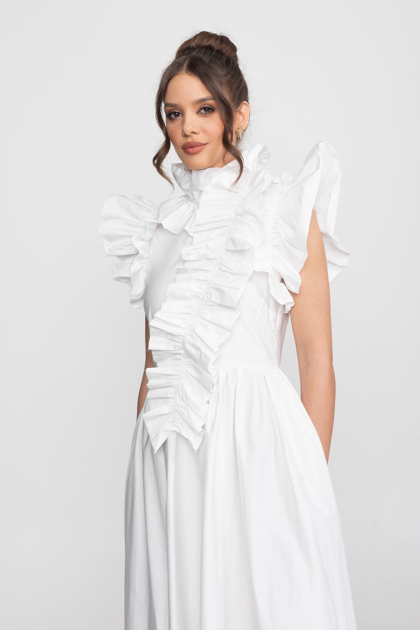 High-Neck Maxi Dress With Dramatic Ruffle Bib Front - White