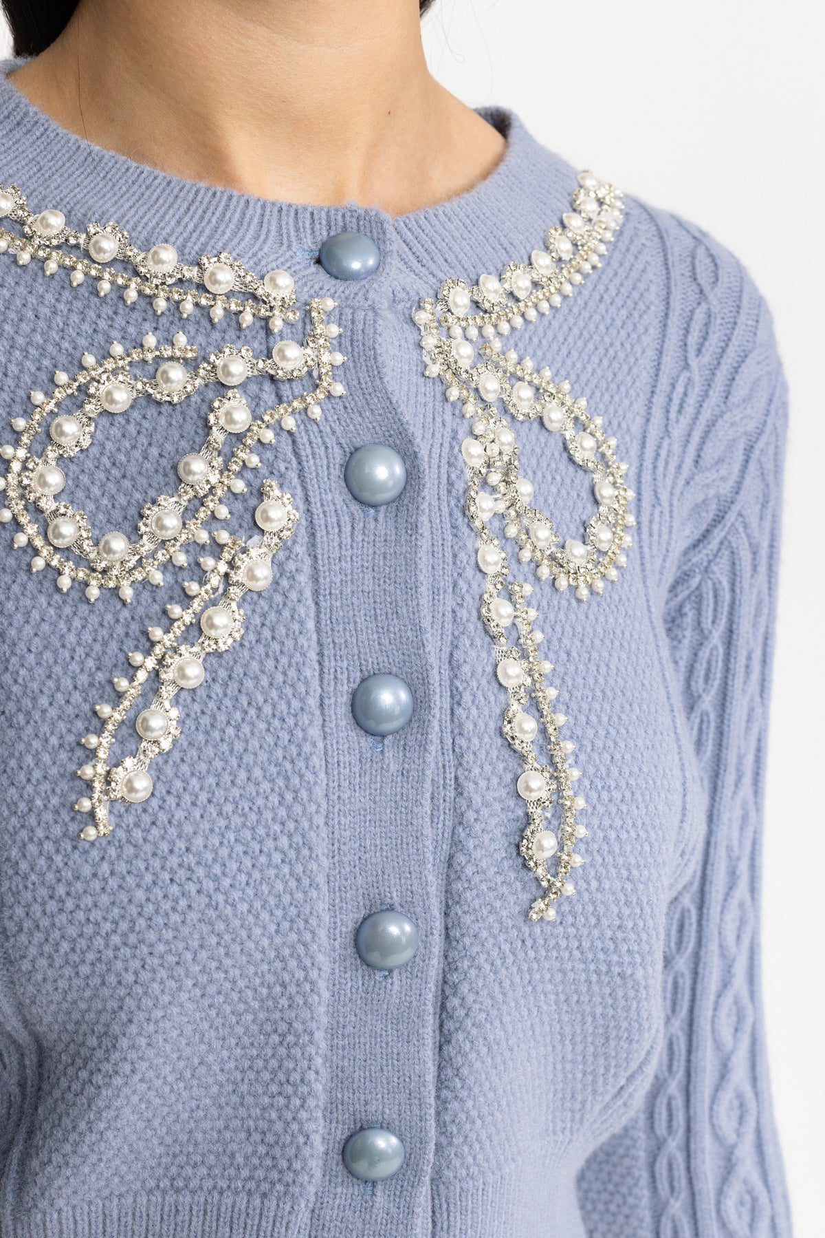 Pearl Bow Embellished Cable Knit Cardigan - Blue