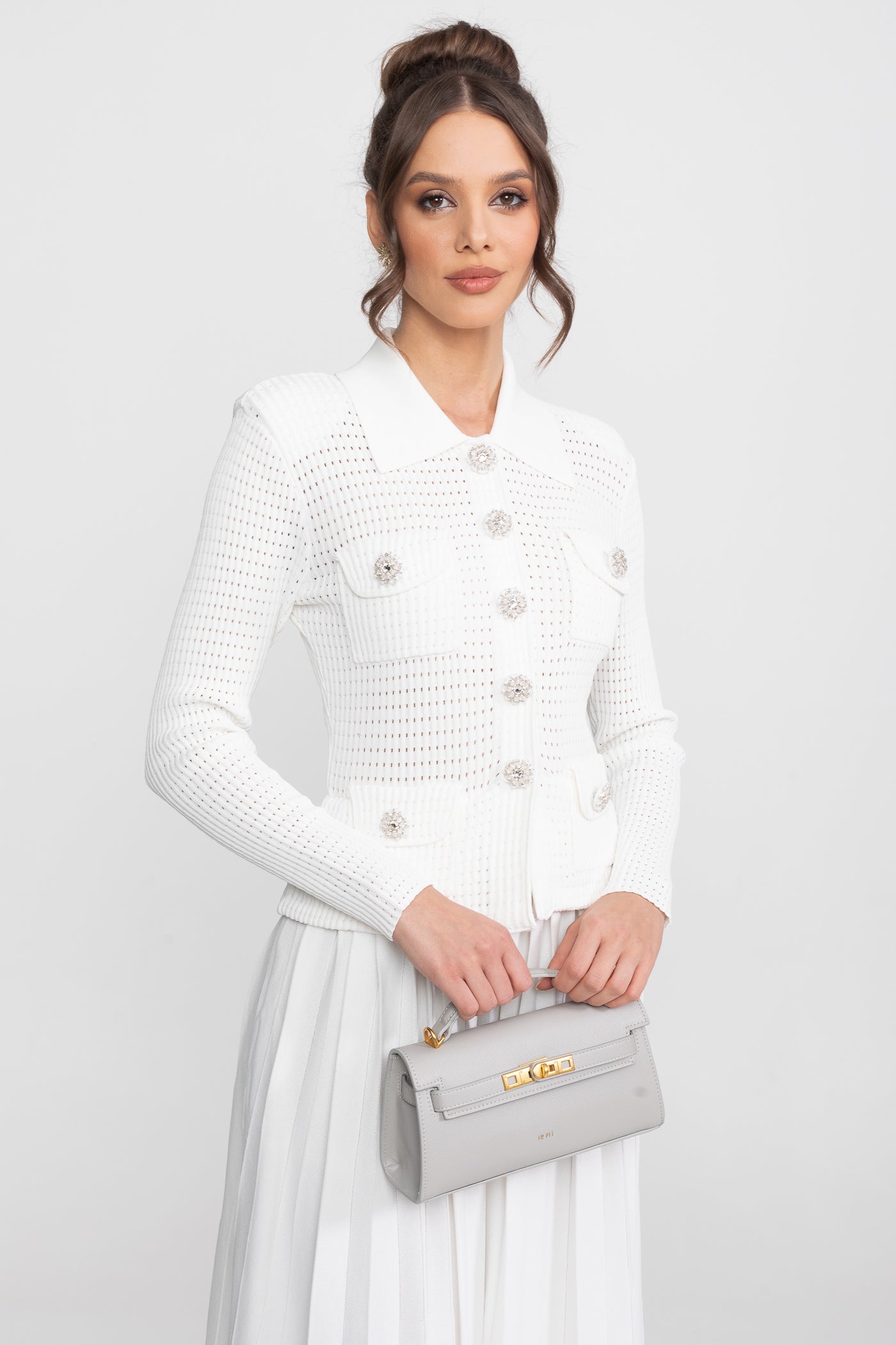 Open-Knit Dress with Pleated Midi Skirt - White