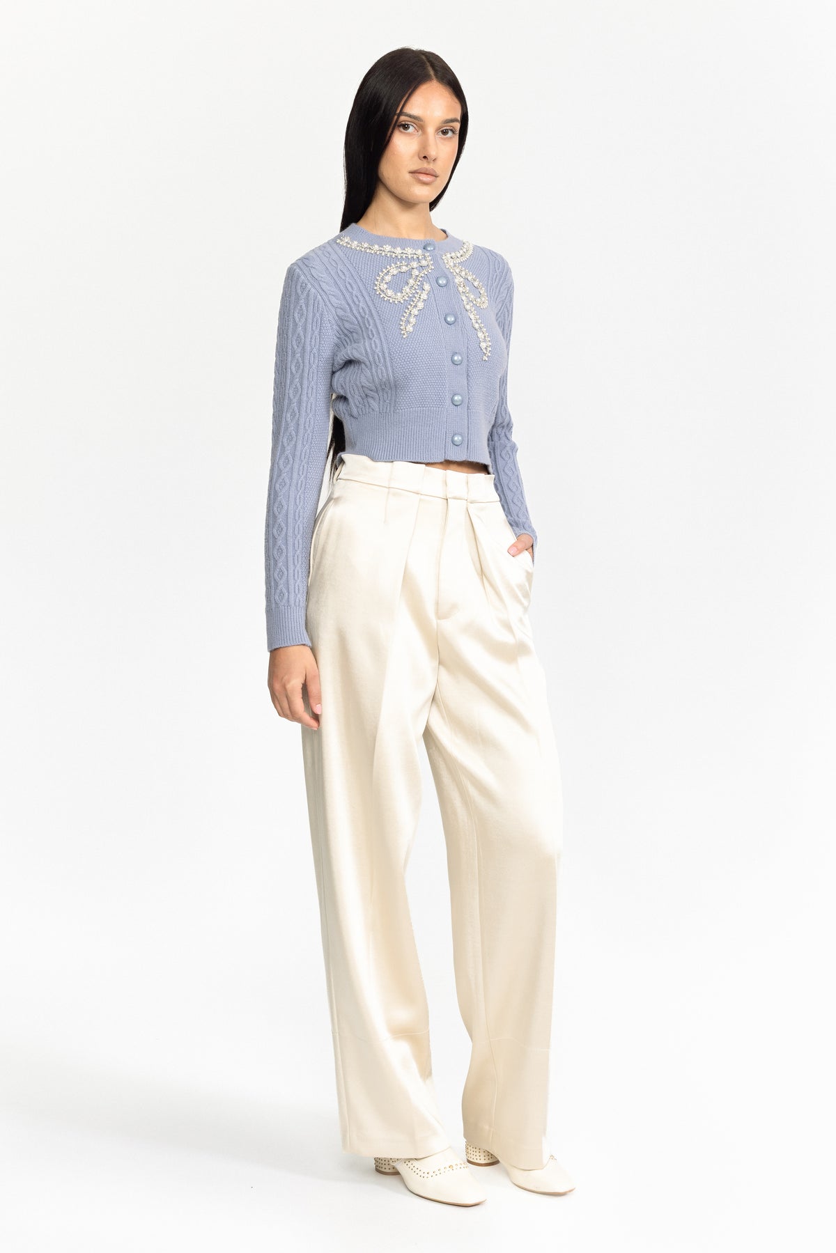 Pearl Bow Embellished Cable Knit Cardigan - Blue