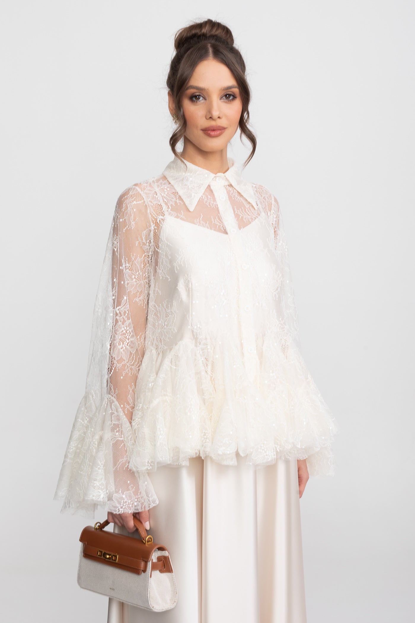 Sheer Lace Peplum Blouse With Ruffle Hem And Satin Maxi Skirt - Ivoire