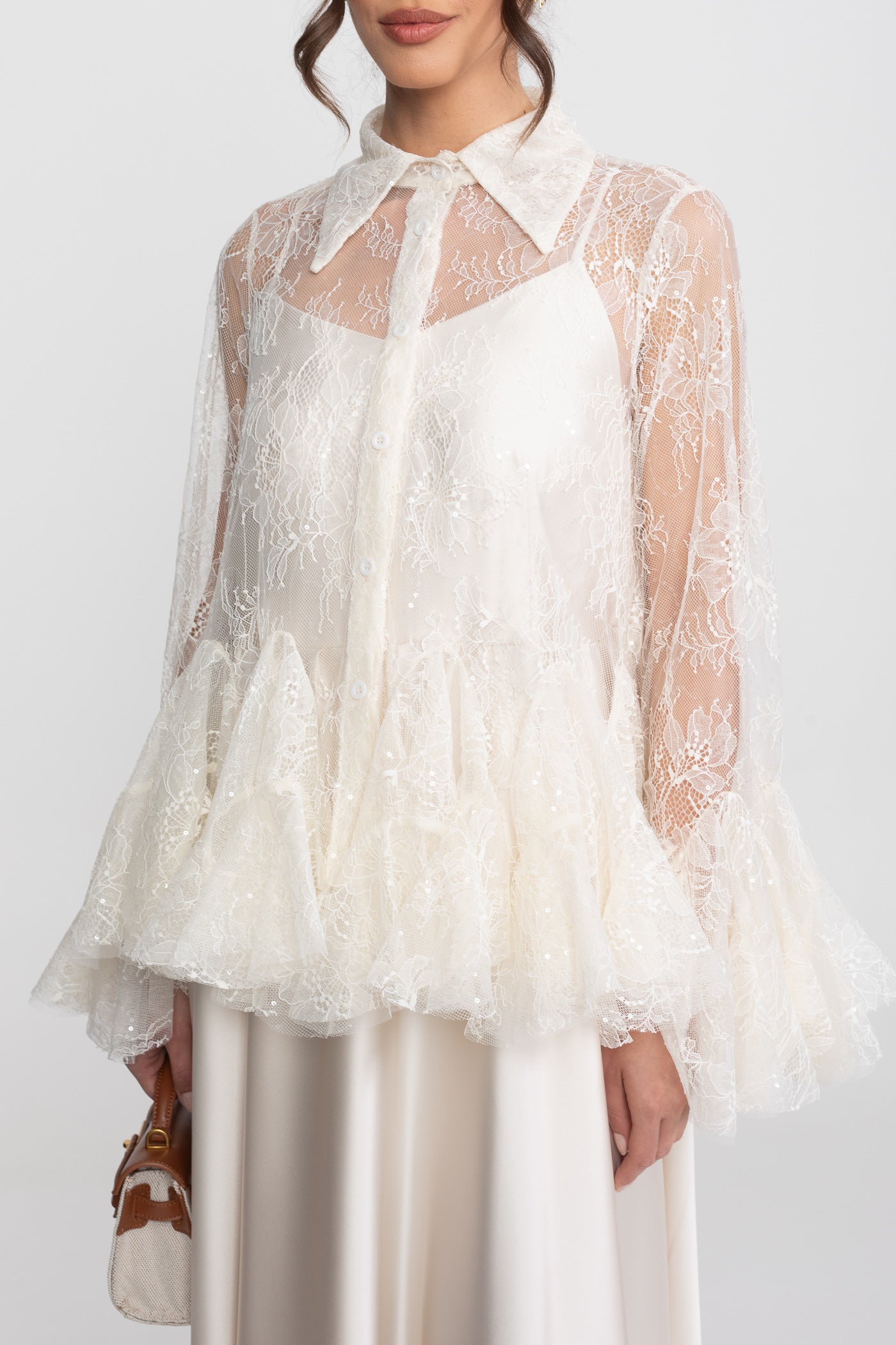 Sheer Lace Peplum Blouse With Ruffle Hem And Satin Maxi Skirt - Ivoire