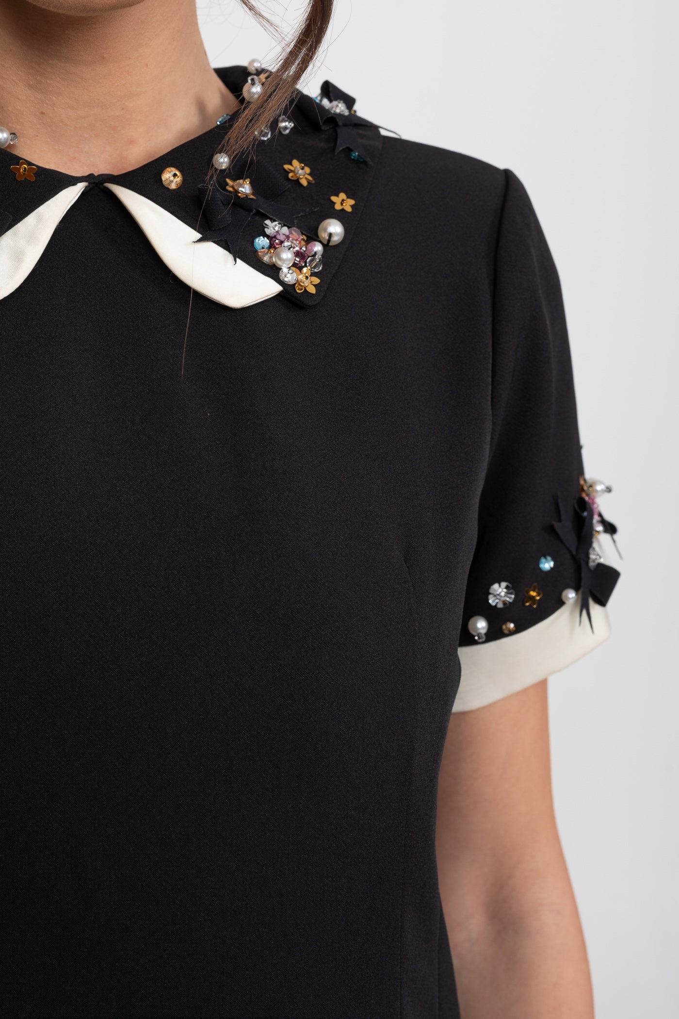 Mini Dress With Crystal-Embellished Peter Pan Collar And Jewel Cuffs - Black