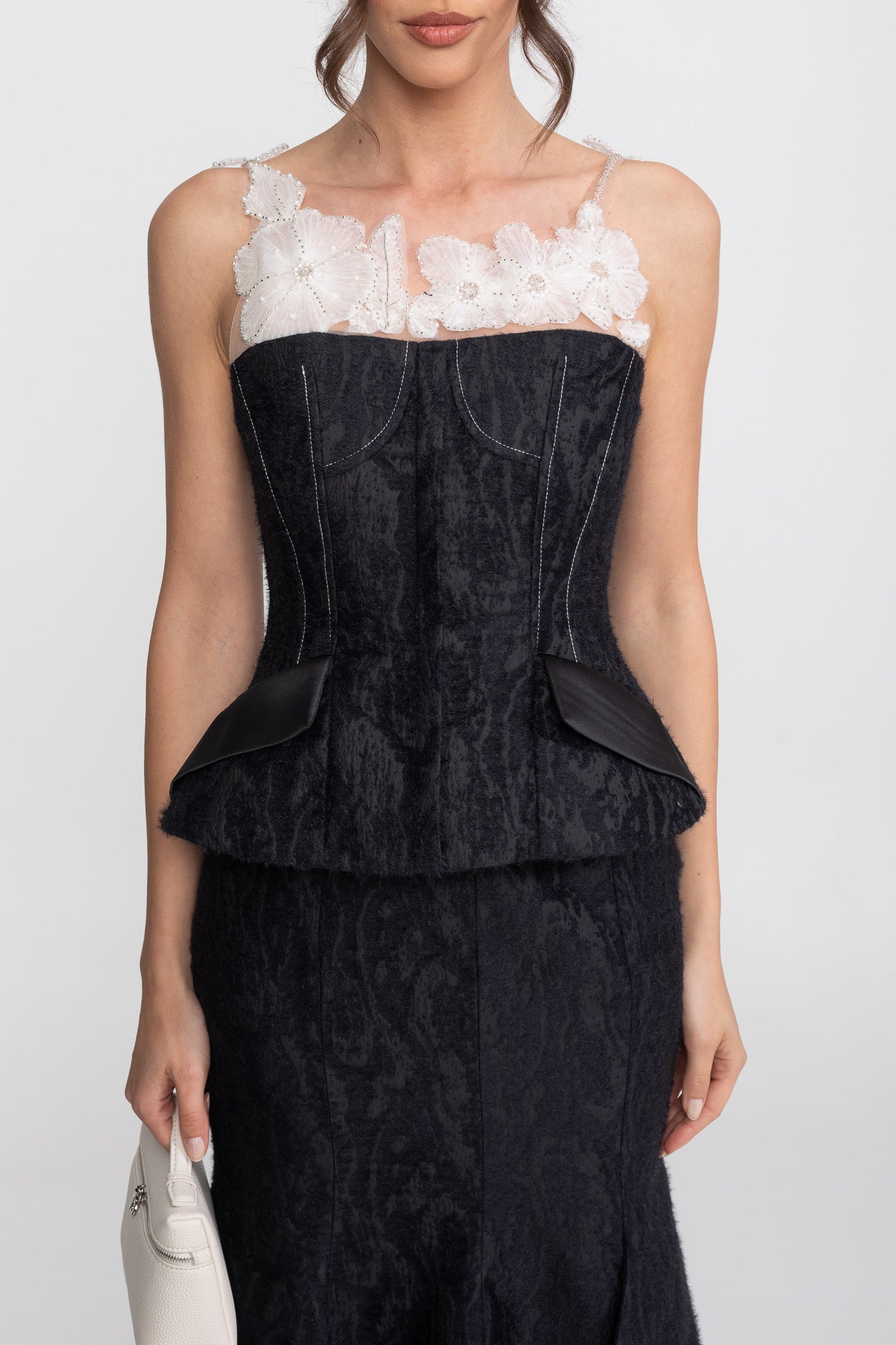 Jacquard Maxi Set With Sheer Floral Neckline And Peplum Waist - Black