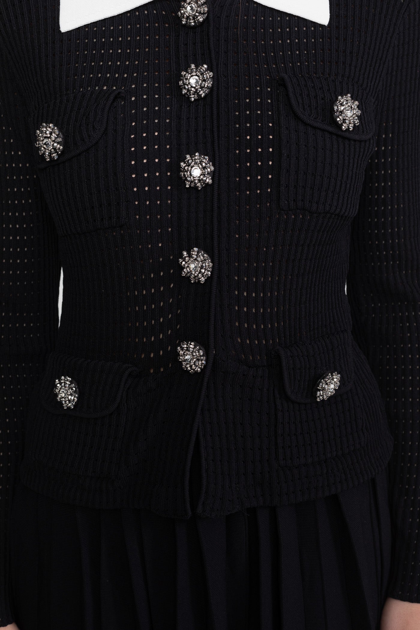 Open-Knit Dress with Pleated Midi Skirt - Black