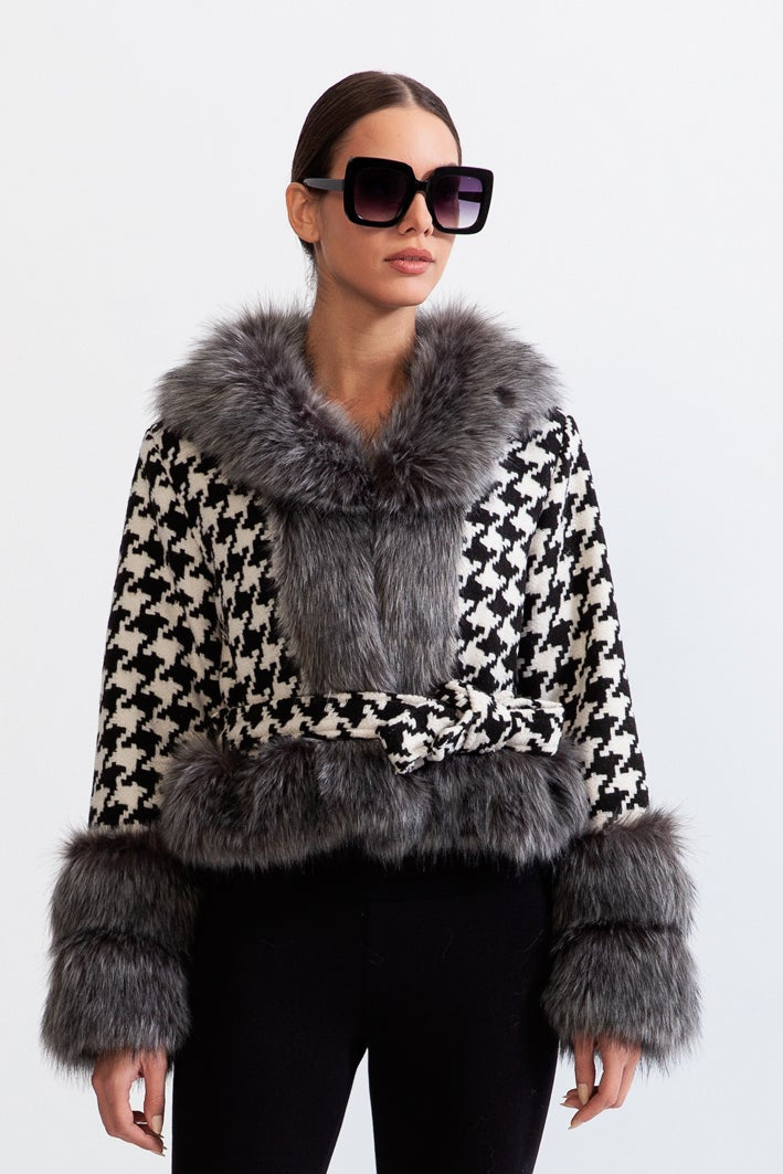 Houndstooth Wool Belted Coat with Fur
