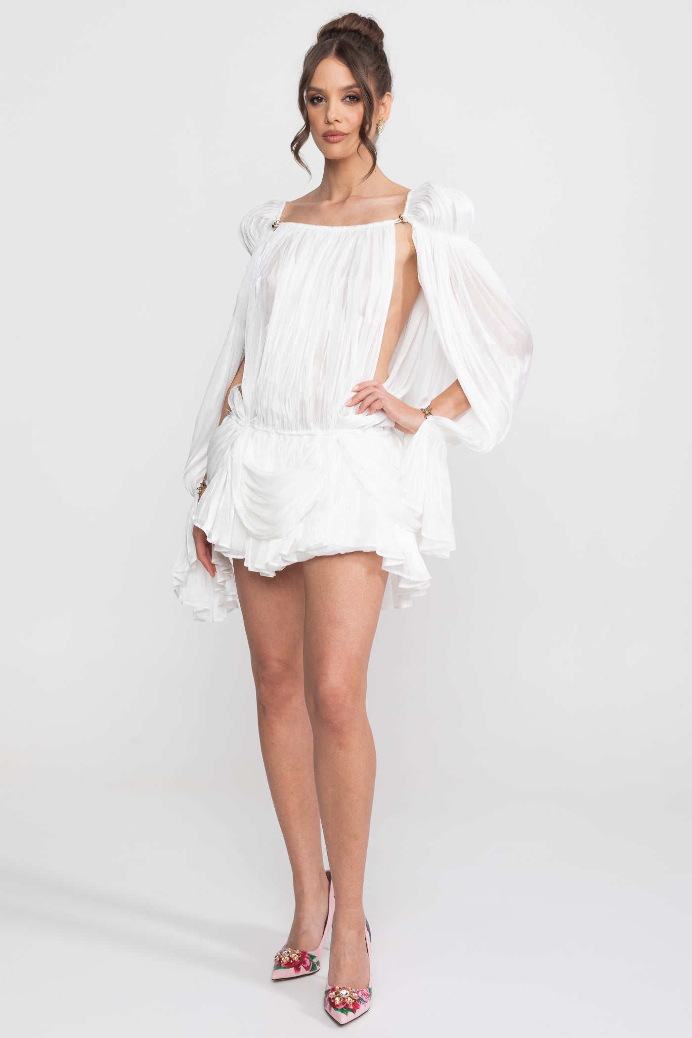 Sheer Draped Mini Dress With Cape Sleeves And Gold Clip Detail - White
