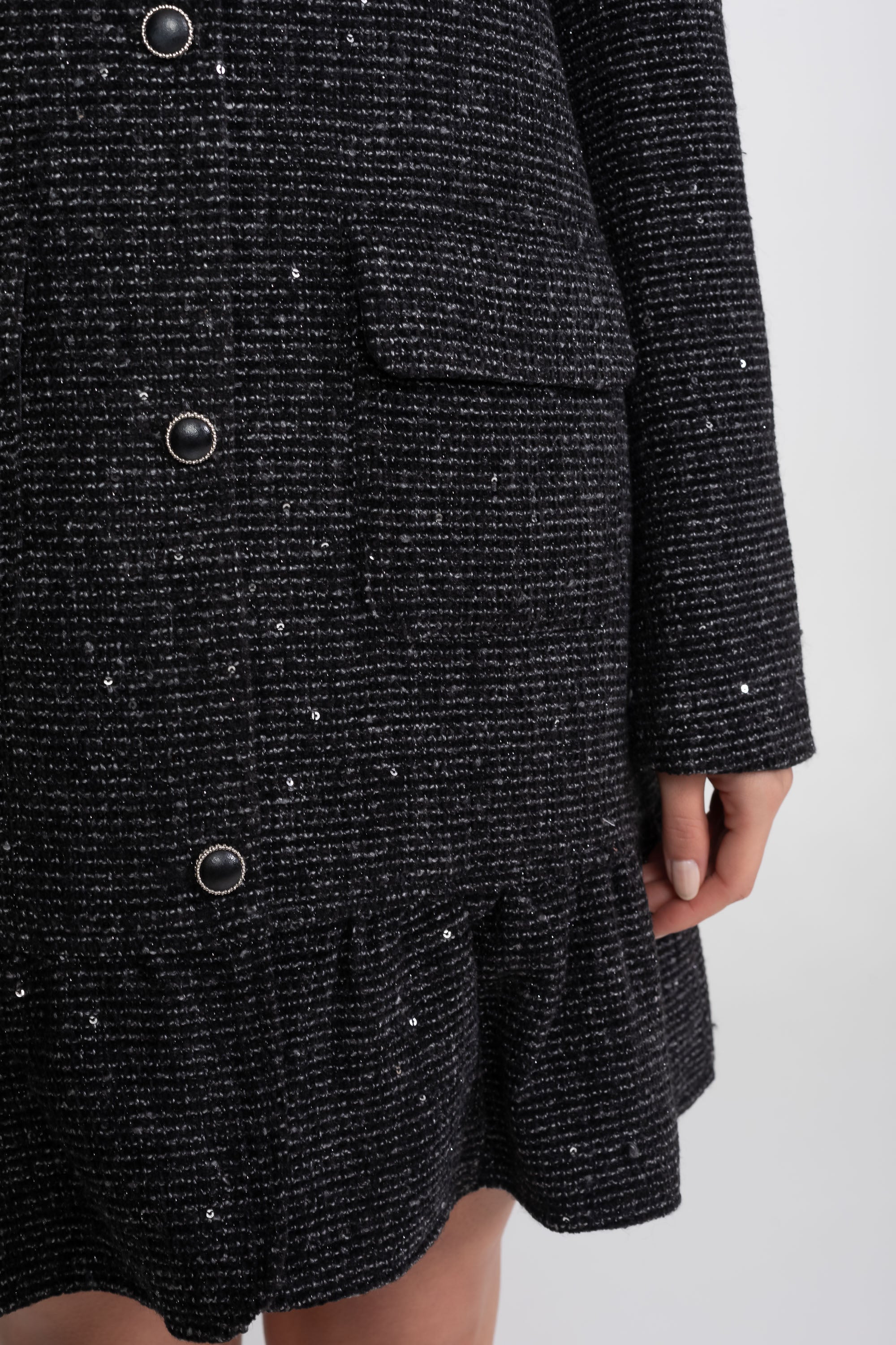 Bouclé Tweed Mini Dress With Lace-Trim Collar And Ruffle Hem - Charcoal