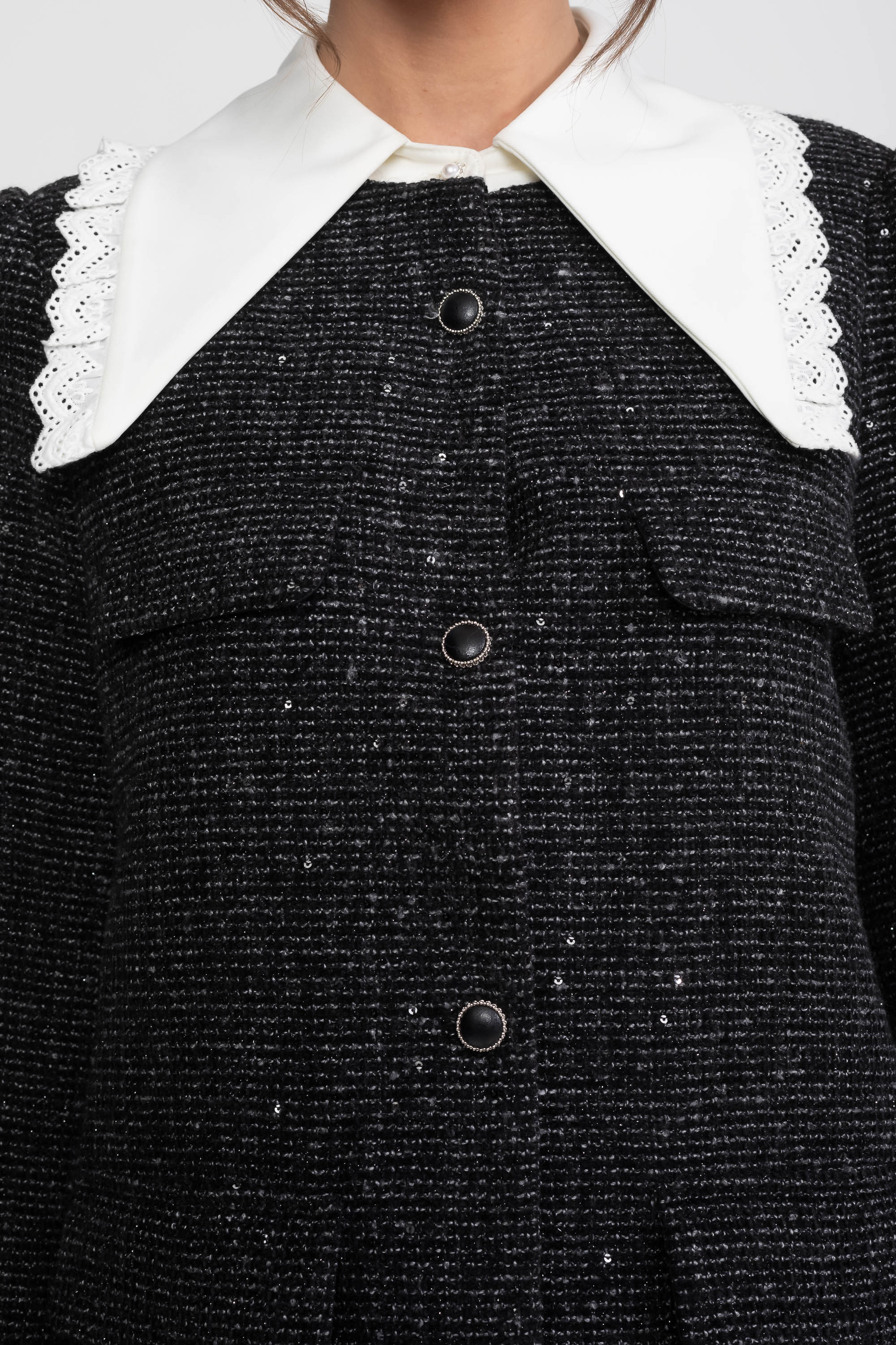 Bouclé Tweed Mini Dress With Lace-Trim Collar And Ruffle Hem - Charcoal
