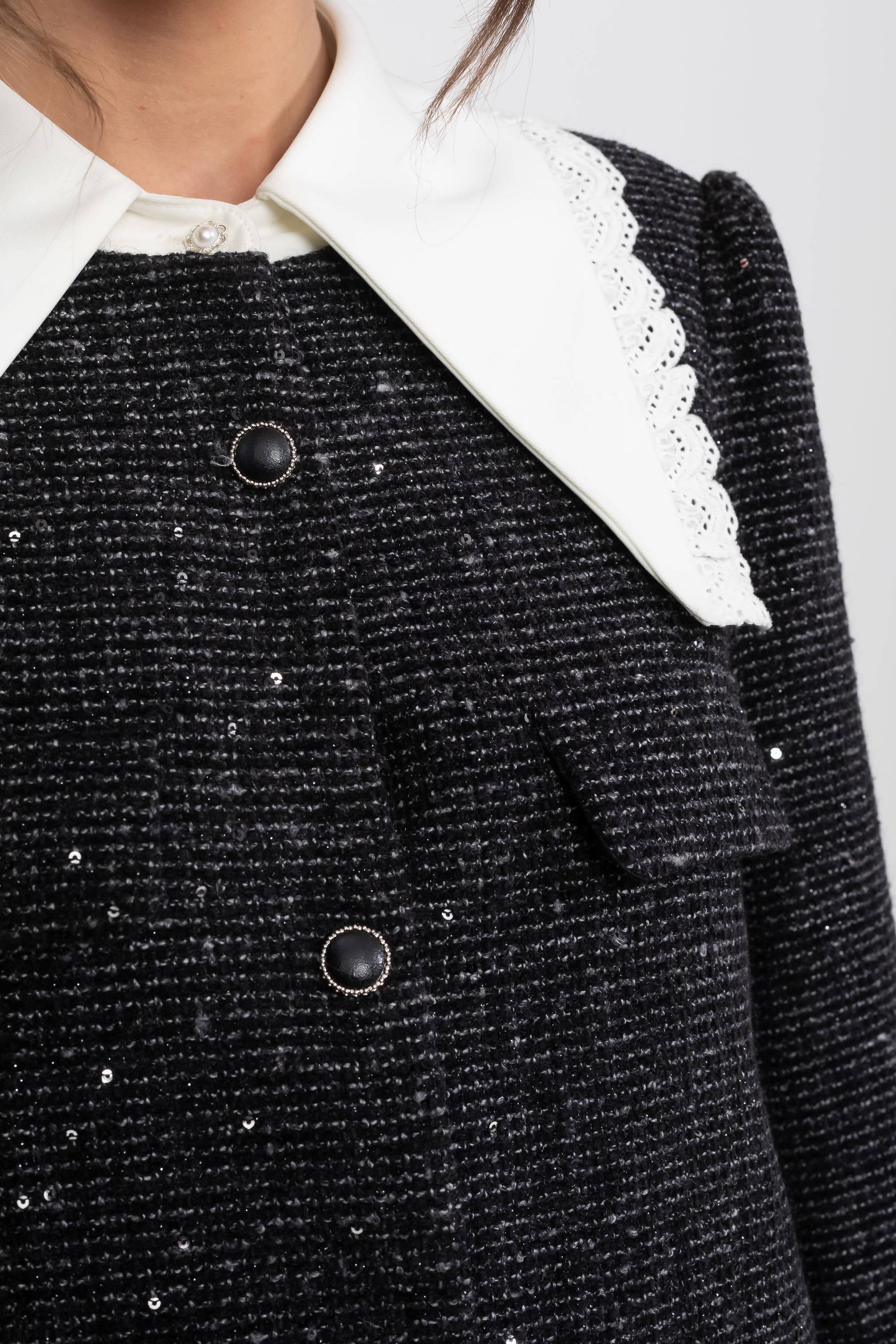 Bouclé Tweed Mini Dress With Lace-Trim Collar And Ruffle Hem - Charcoal