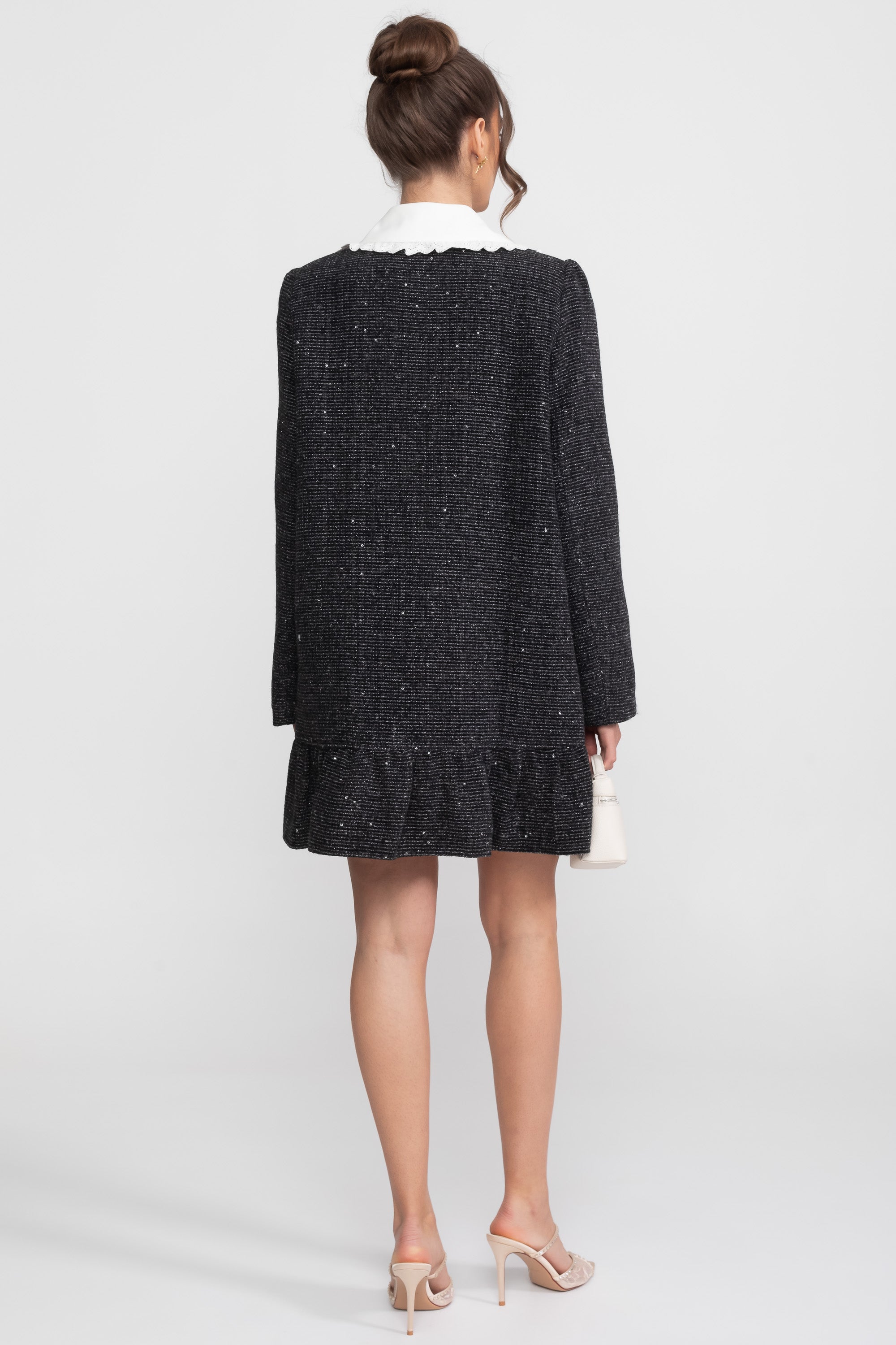 Bouclé Tweed Mini Dress With Lace-Trim Collar And Ruffle Hem - Charcoal