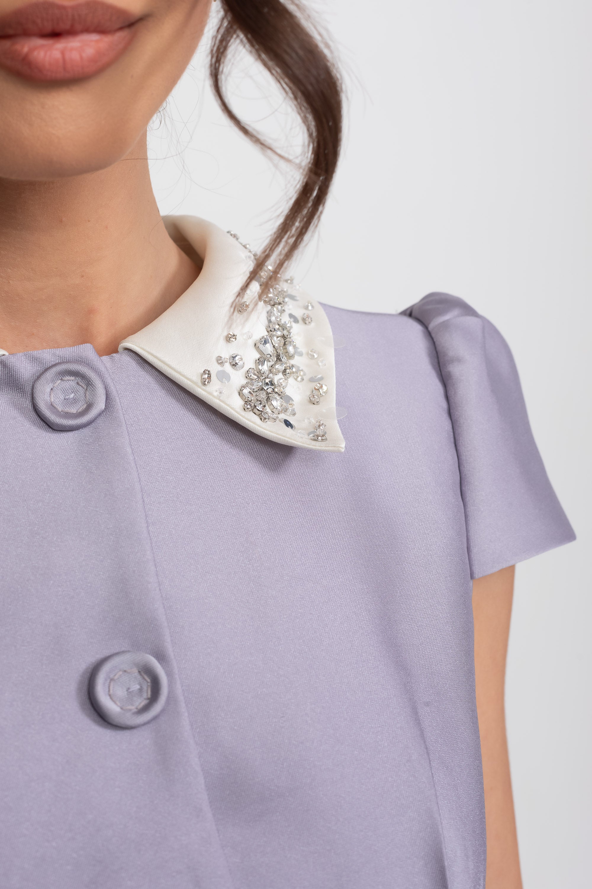 Satin Mini Dress With Crystal Peter Pan Collar And Bow Waist - Lilac