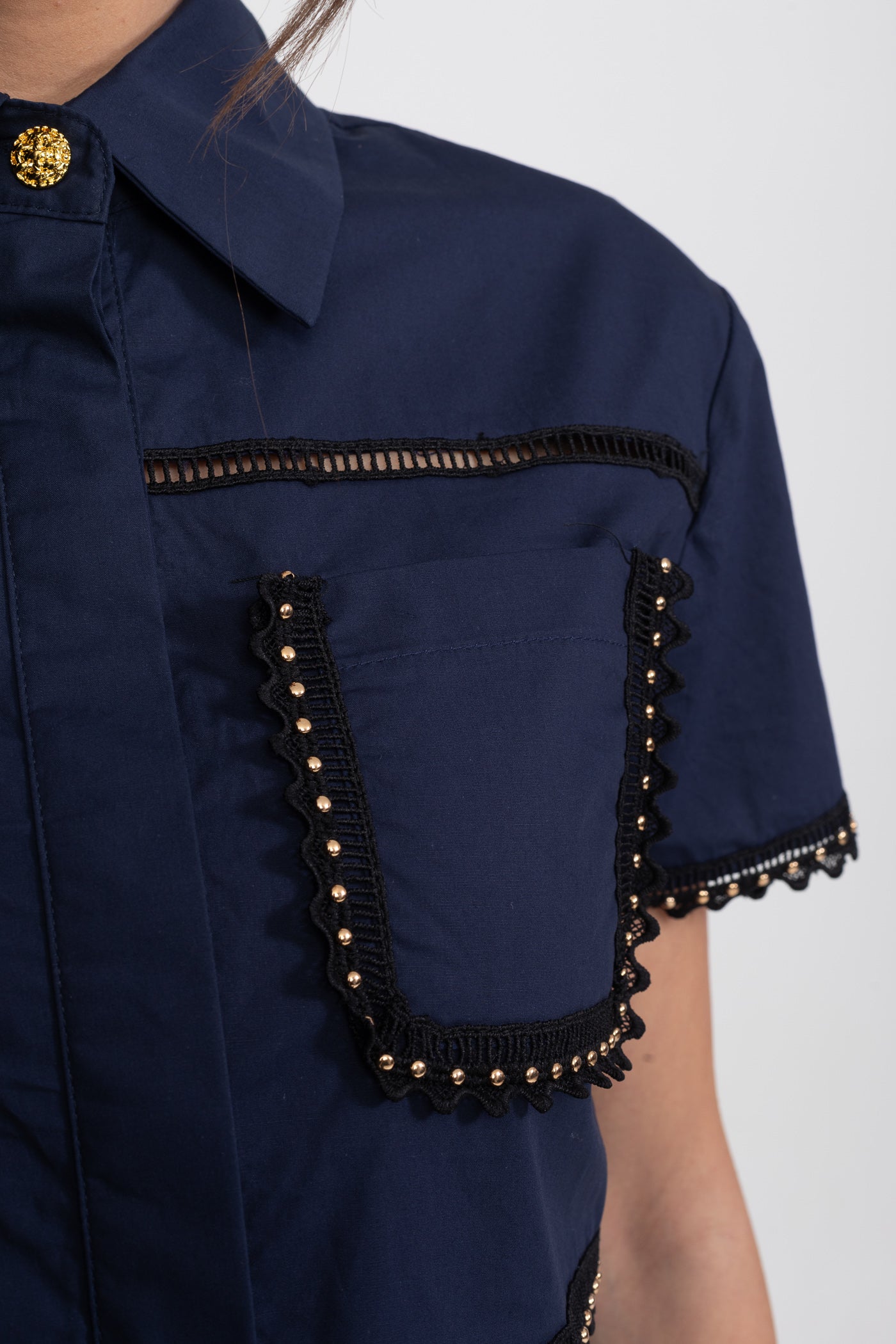 Broderie-Trim Cropped Shirt And Midi Skirt Co-Ord Set - Navy