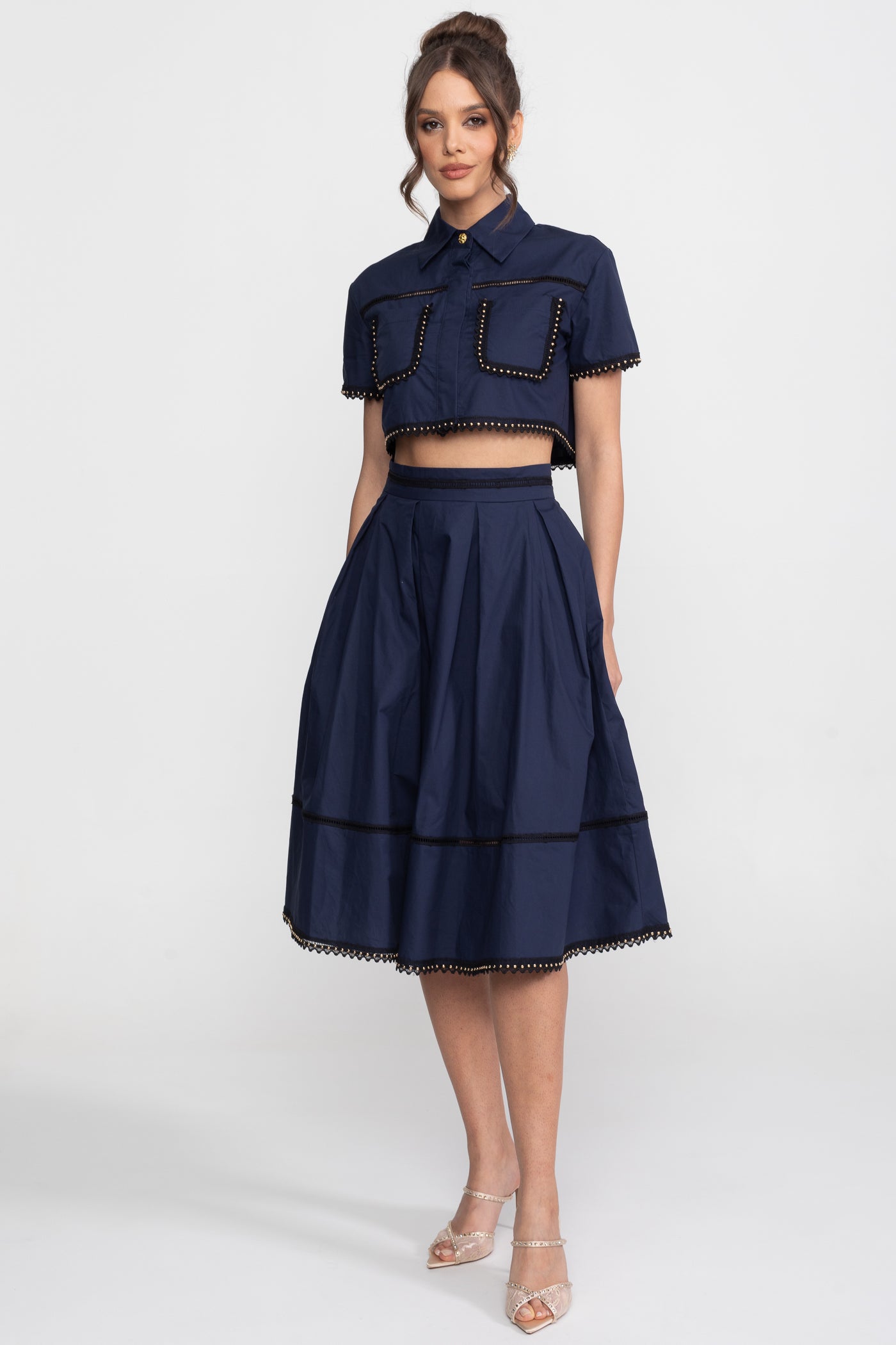 Broderie-Trim Cropped Shirt And Midi Skirt Co-Ord Set - Navy