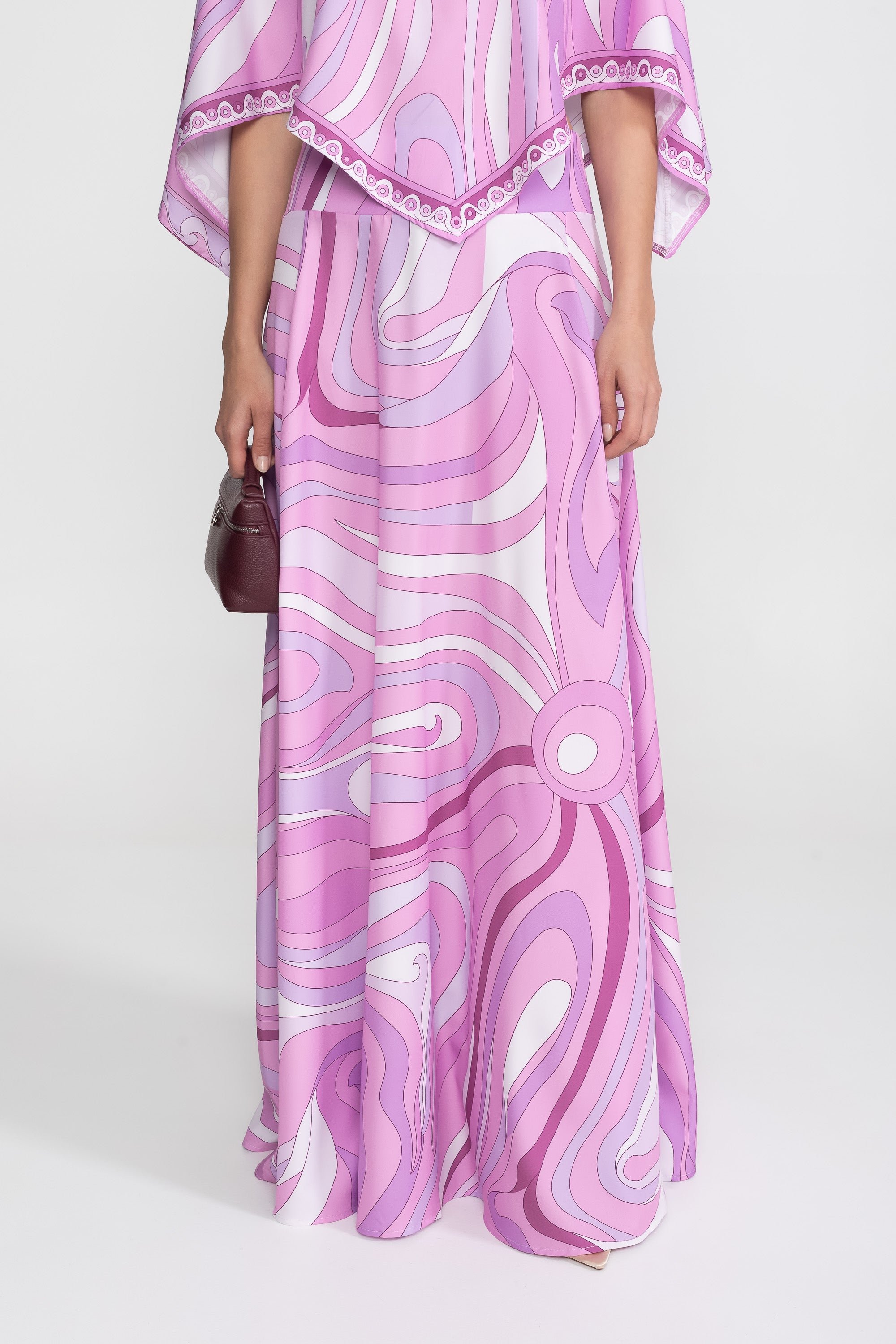 Printed Cape Top And Maxi Skirt Co-Ord Set - Pink