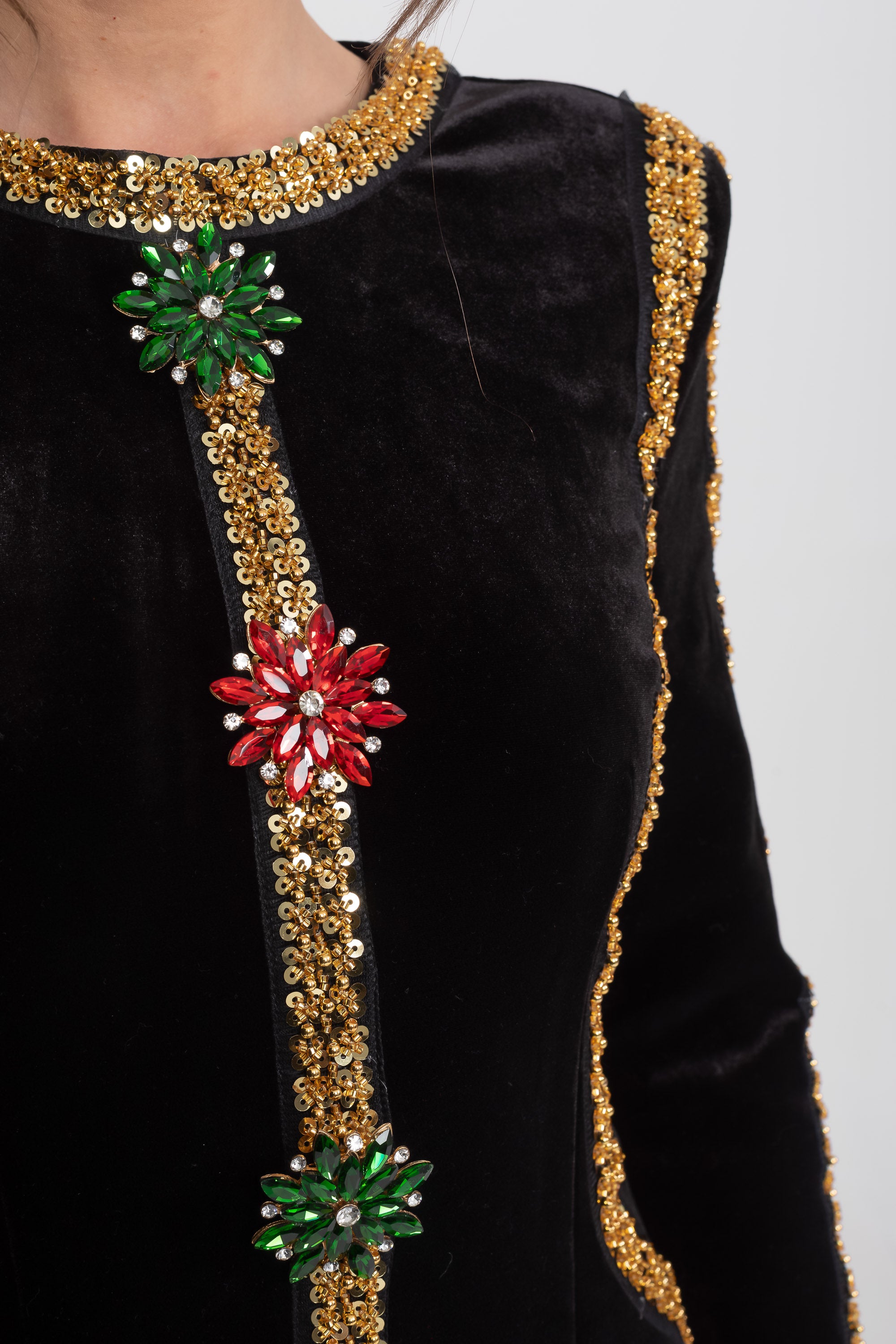 Velvet Maxi Dress With Gold Sequin Trim And Crystal Brooch Detail - Black
