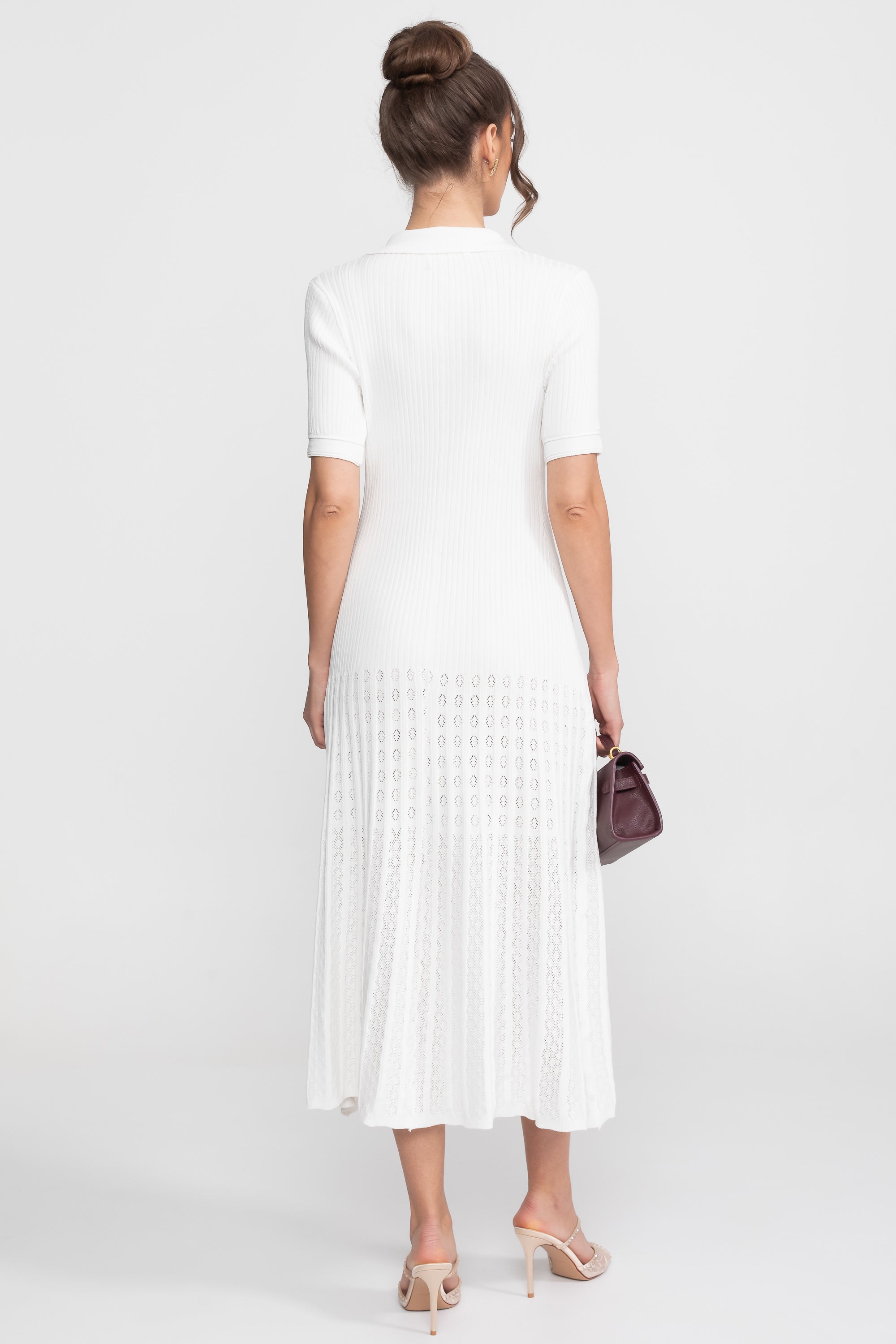 Ribbed Knit Midi Dress With Peter Pan Collar And Pleated Skirt - White