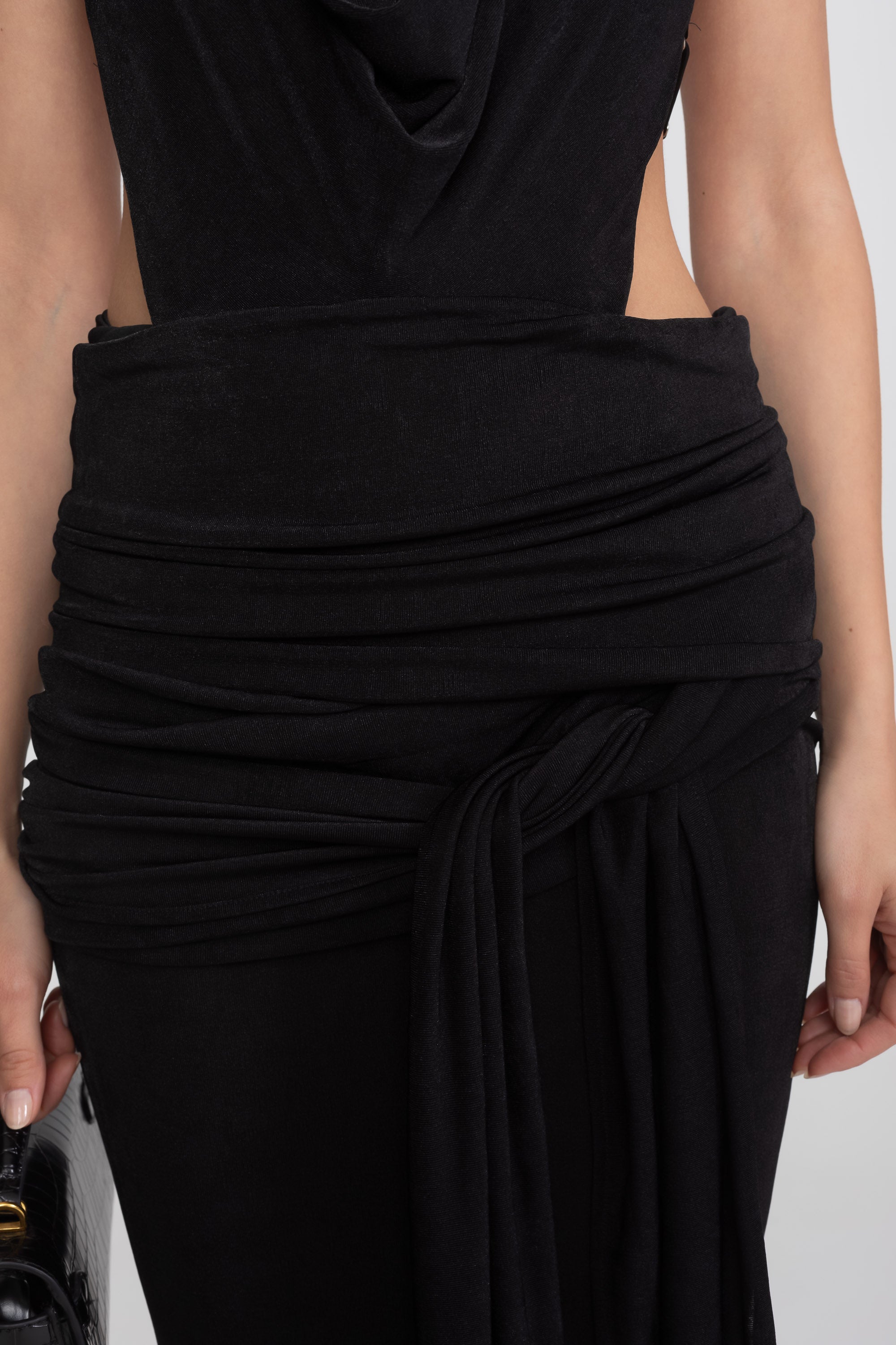 Draped Halter Gown With Ruched Side Tie Detail - Black