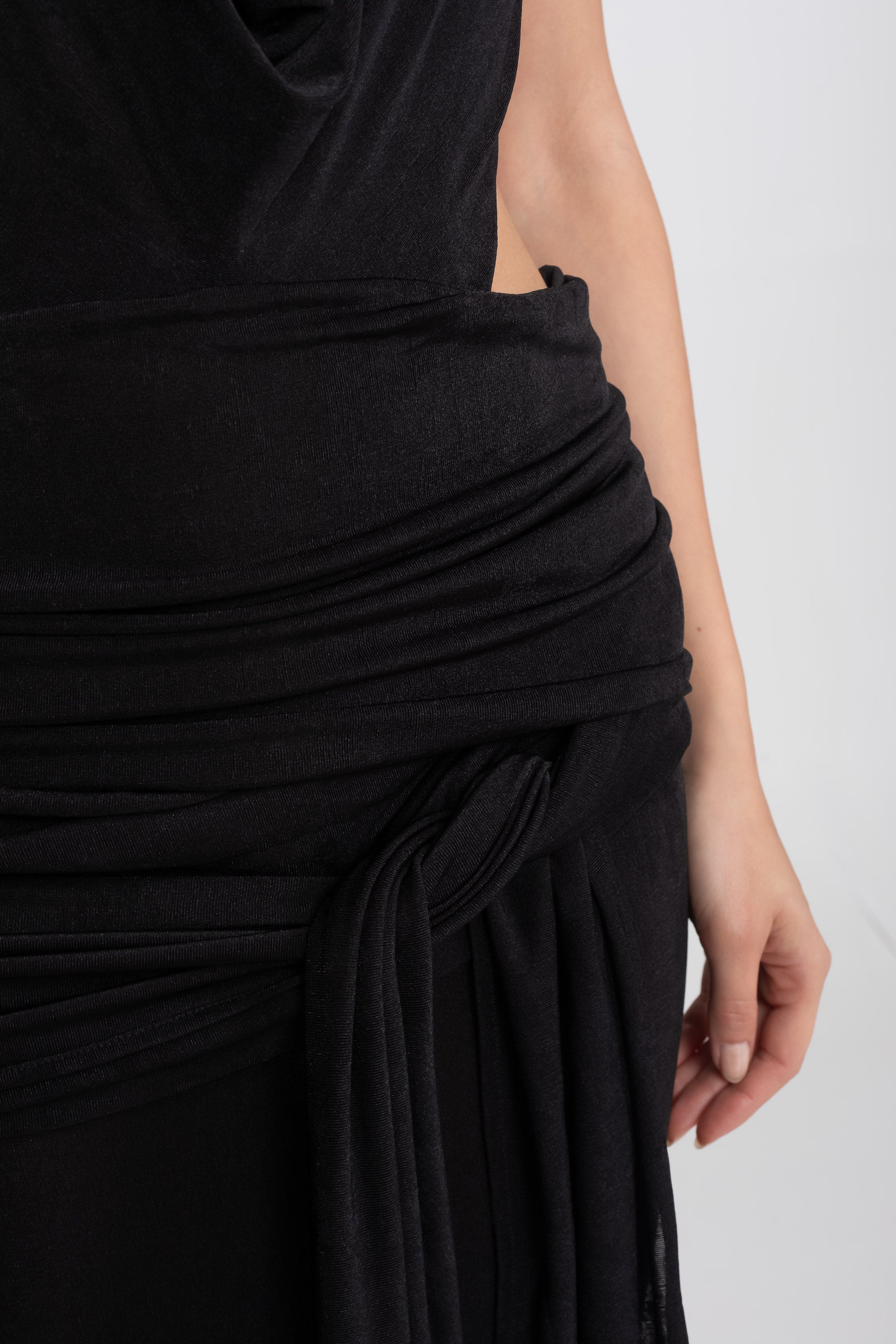 Draped Halter Gown With Ruched Side Tie Detail - Black