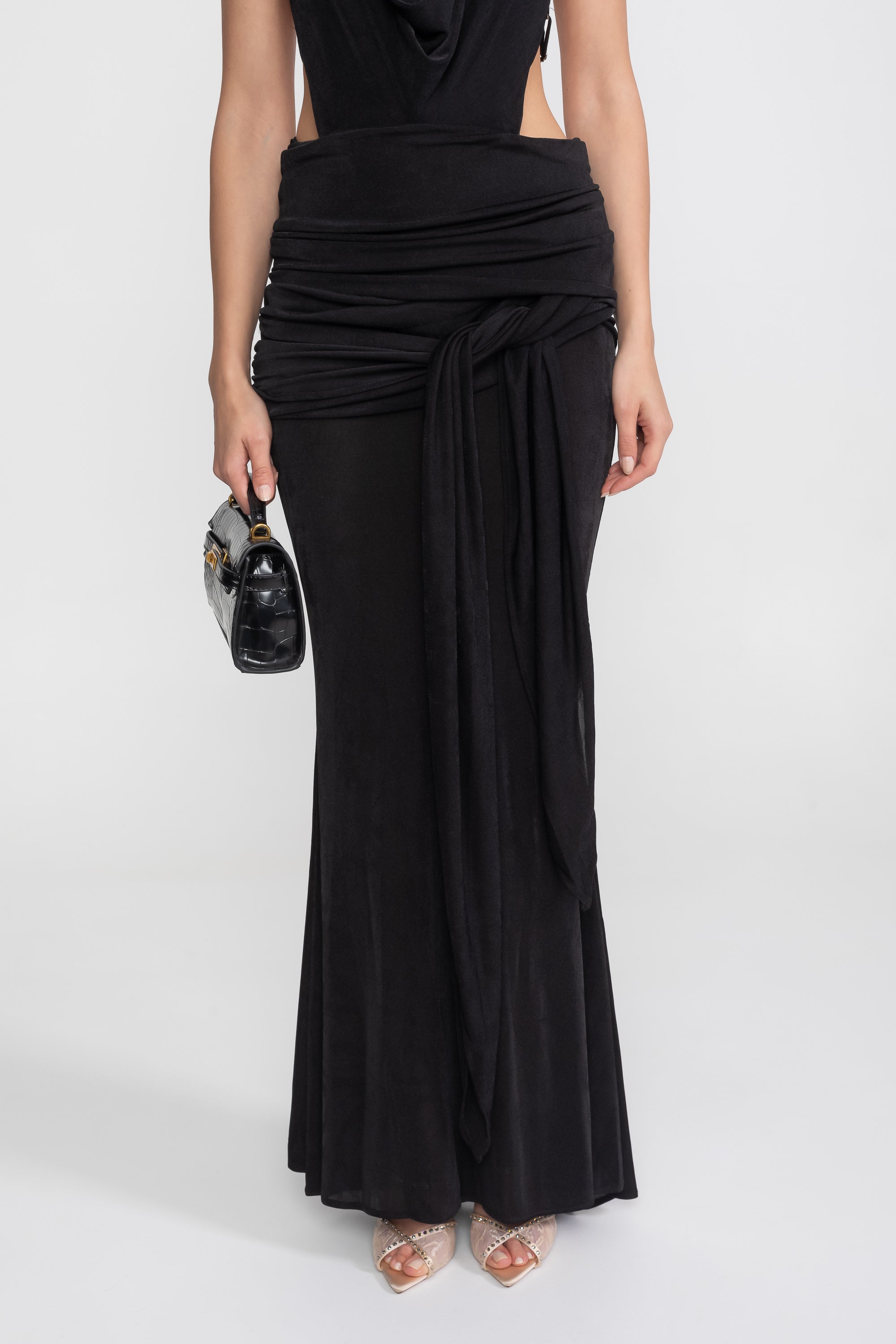 Draped Halter Gown With Ruched Side Tie Detail - Black