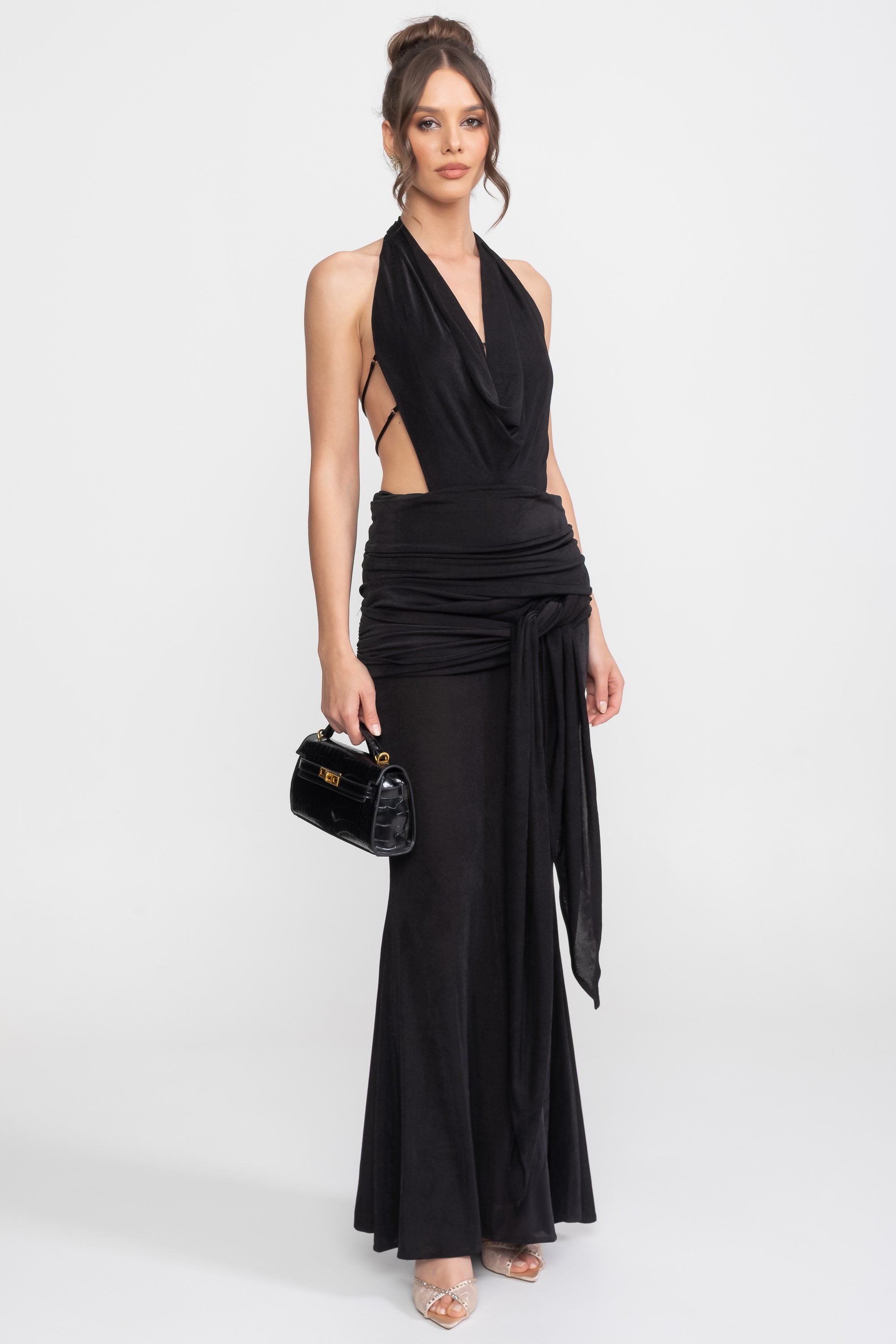 Draped Halter Gown With Ruched Side Tie Detail - Black