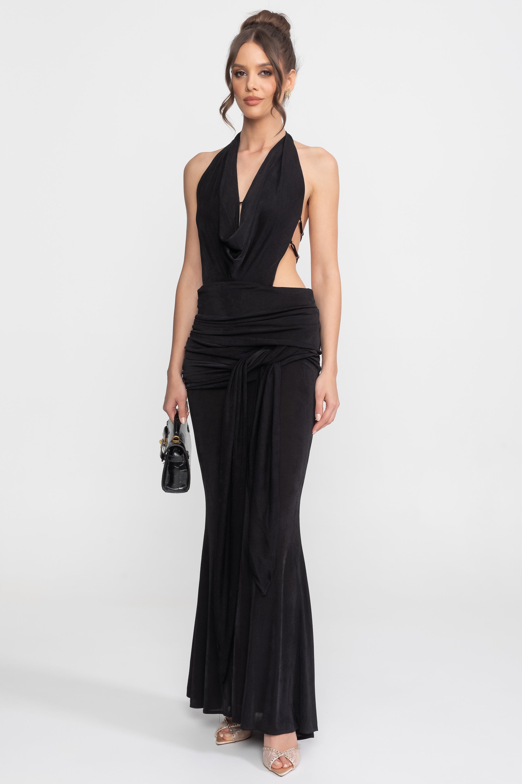 Draped Halter Gown With Ruched Side Tie Detail - Black