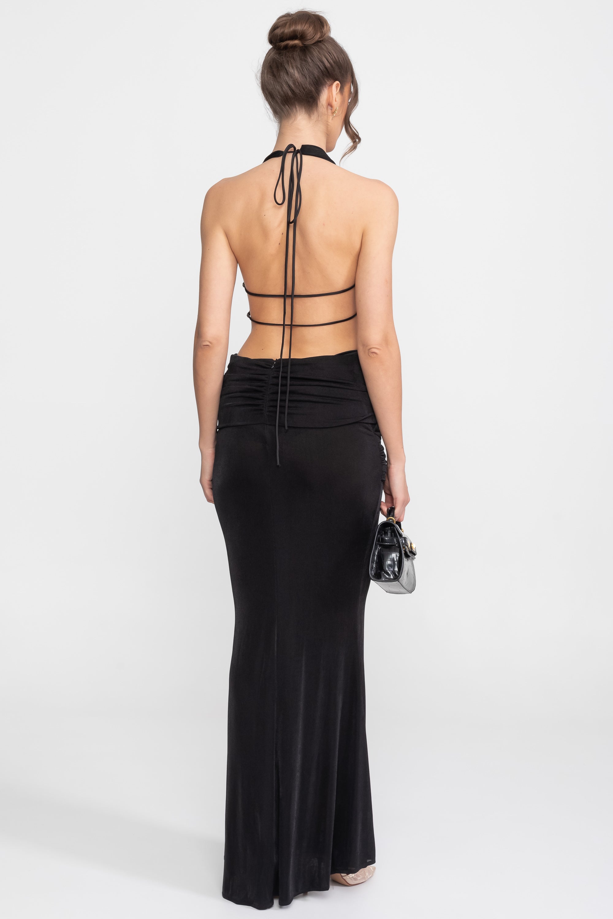 Draped Halter Gown With Ruched Side Tie Detail - Black