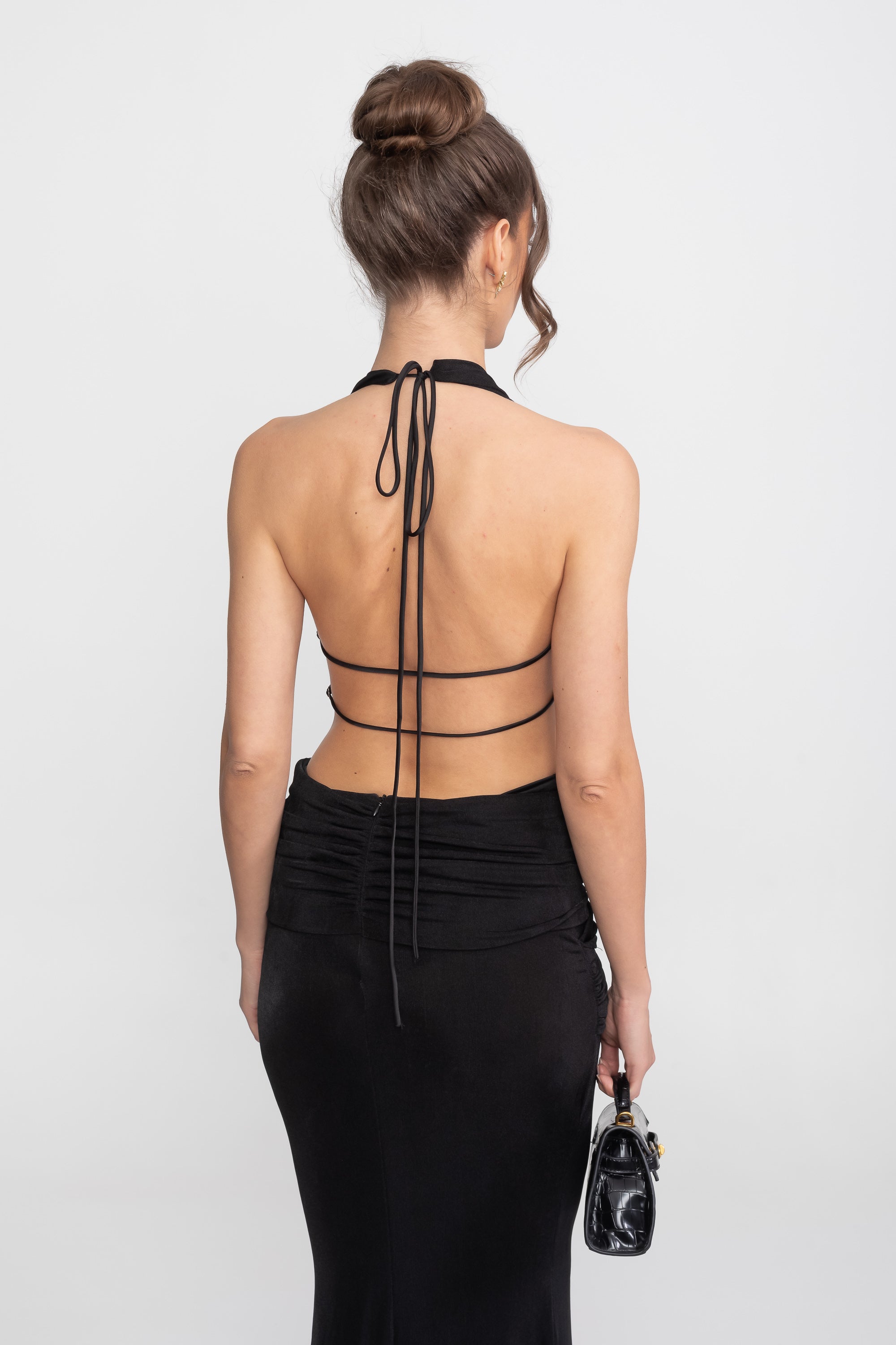 Draped Halter Gown With Ruched Side Tie Detail - Black