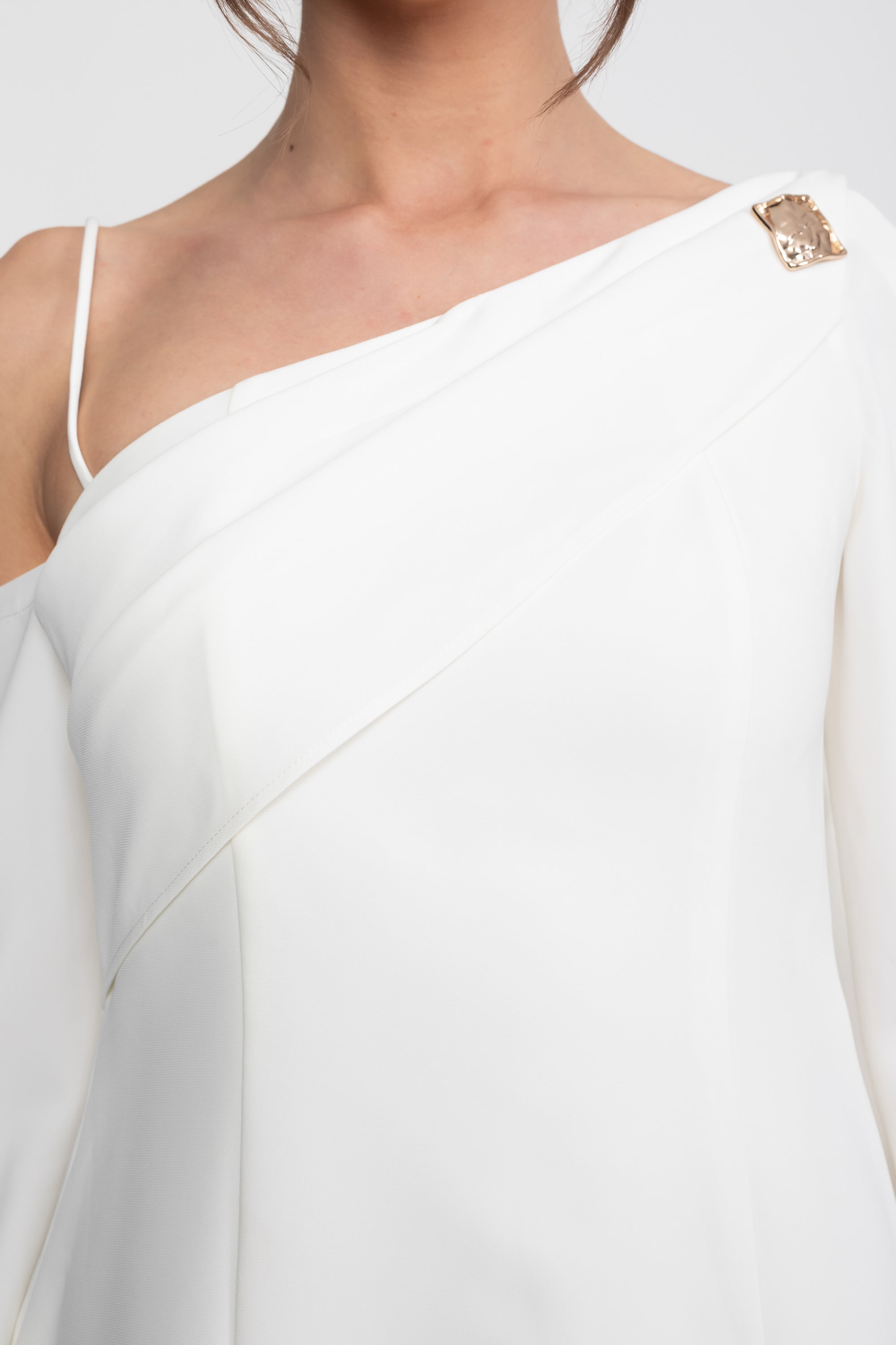 Asymmetric Cold-Shoulder Mini Dress With Long Sleeves And Gold Brooch - White