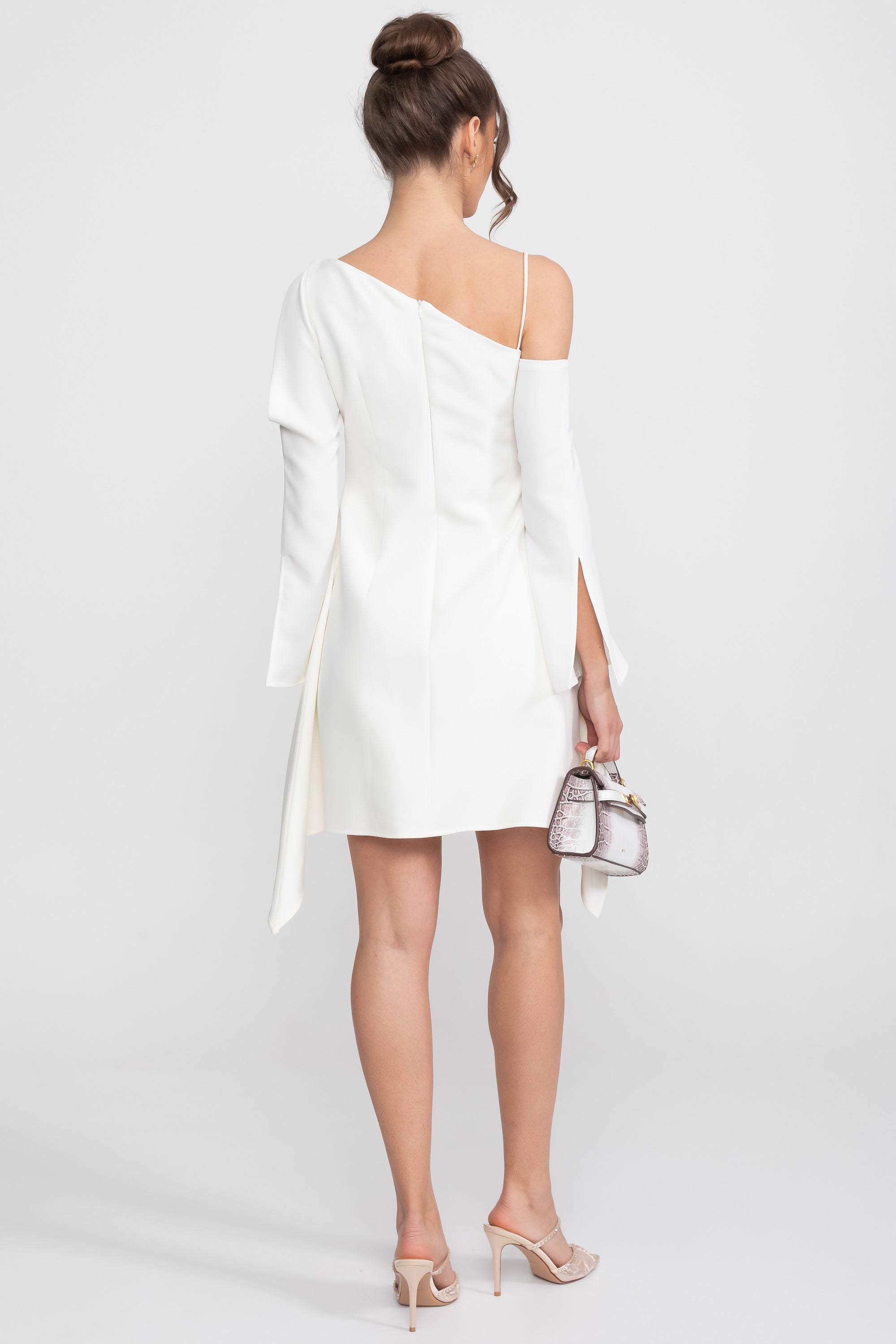 Asymmetric Cold-Shoulder Mini Dress With Long Sleeves And Gold Brooch - White