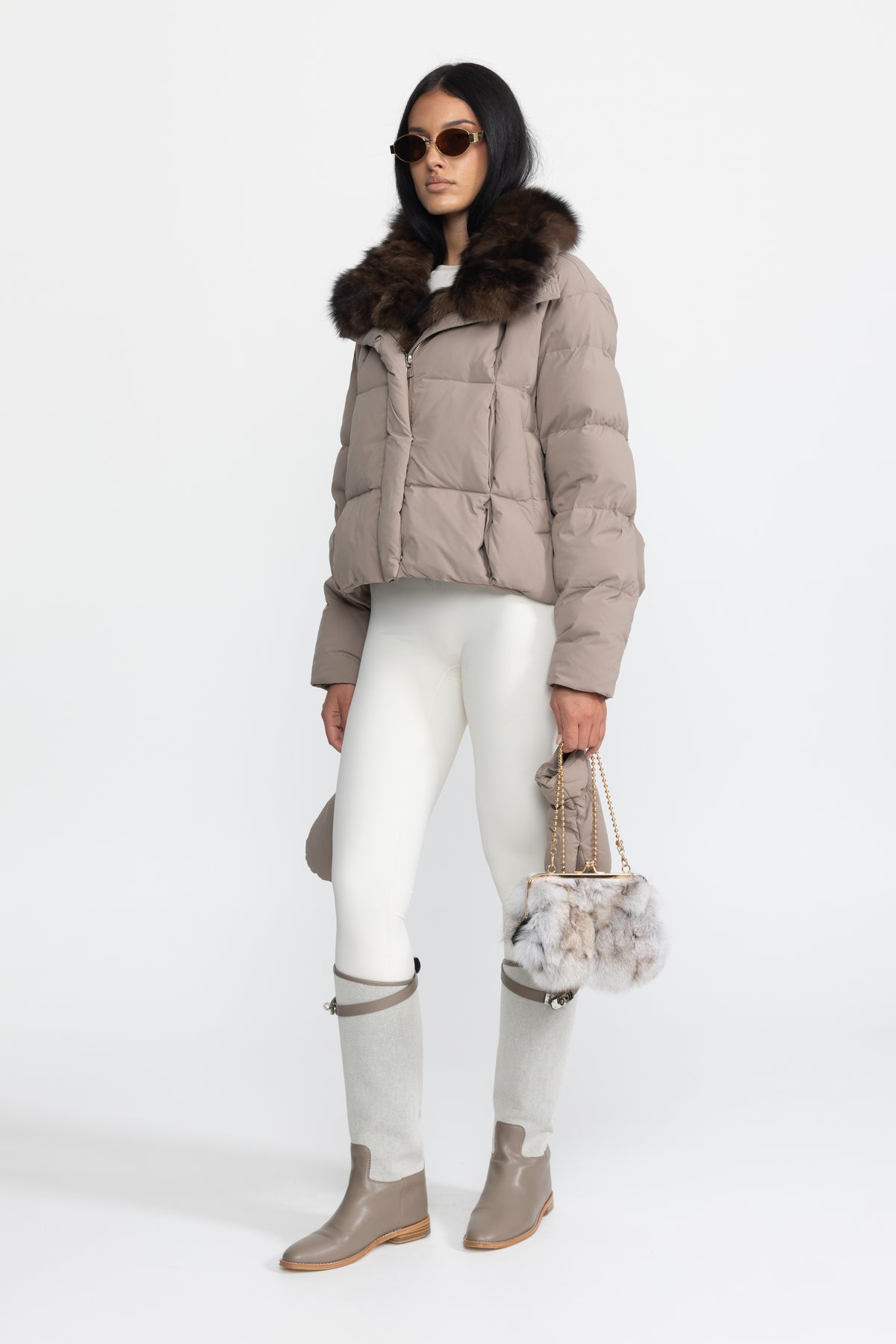Fox Fur Collar Cropped Down Puffer Jacket - Taupe